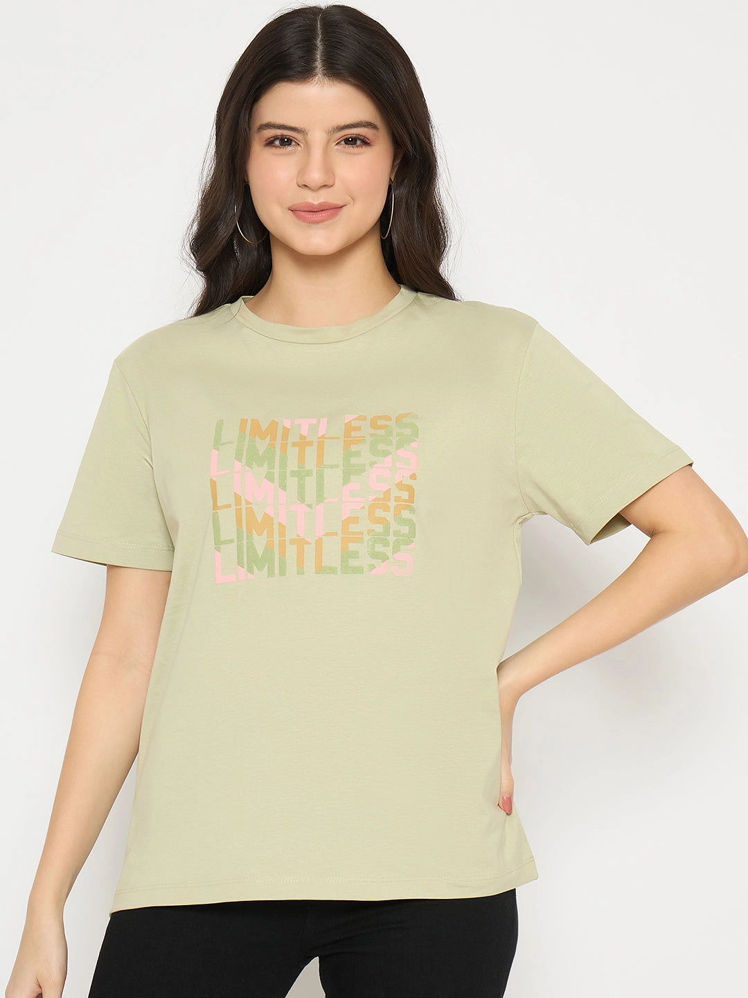 Printed top Lightweight Fabric Madame Printed Pear Green Cotton T-shirt
