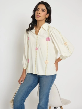 Loose cut Temperature Control Fabric Madame Off White Viscose Blend Floral Embroidered Shirt