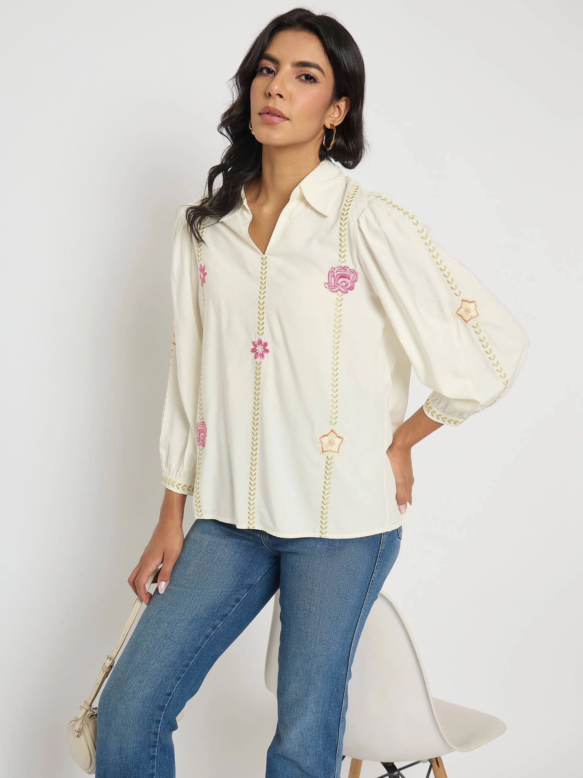 Loose cut Temperature Control Fabric Madame Off White Viscose Blend Floral Embroidered Shirt