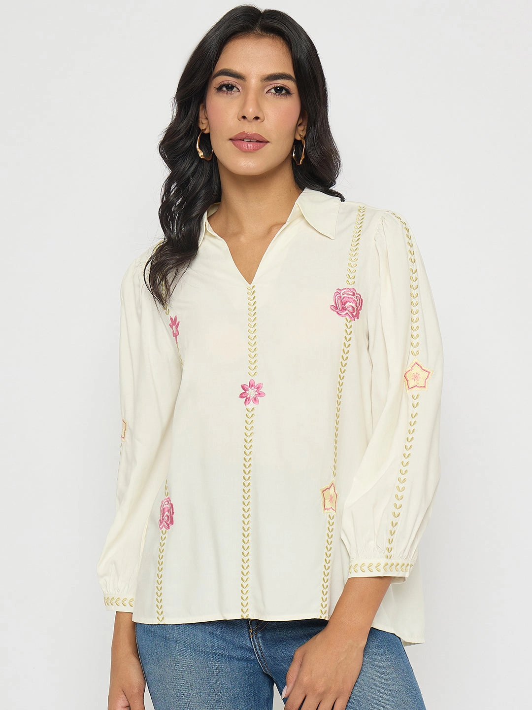 Madame Off White Viscose Blend Floral Embroidered Shirt Friction Resistant Edges
