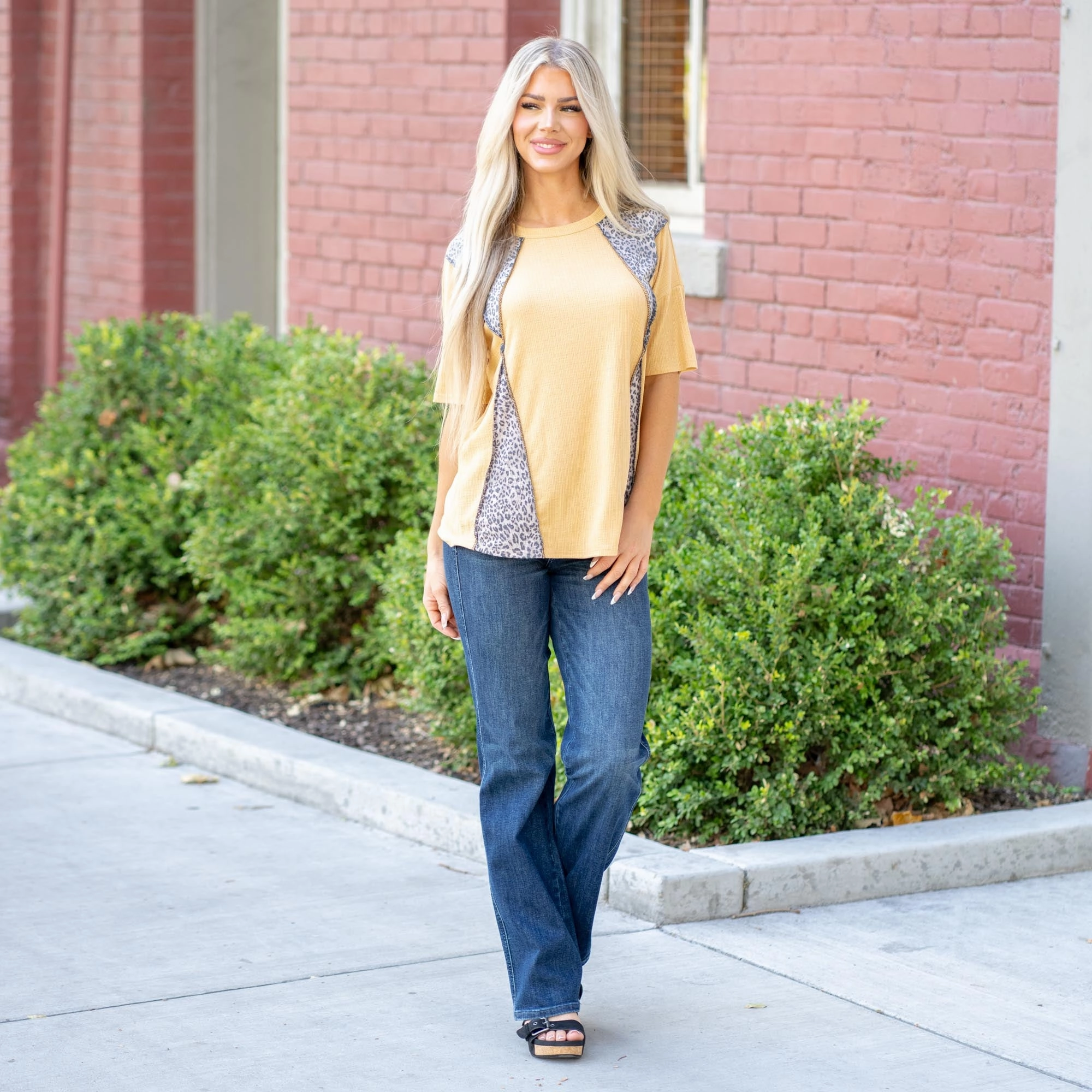 Vanilla Bay Light Yellow Leopard Contrast Pointelle Knit Top dry cleanable Chilly Style