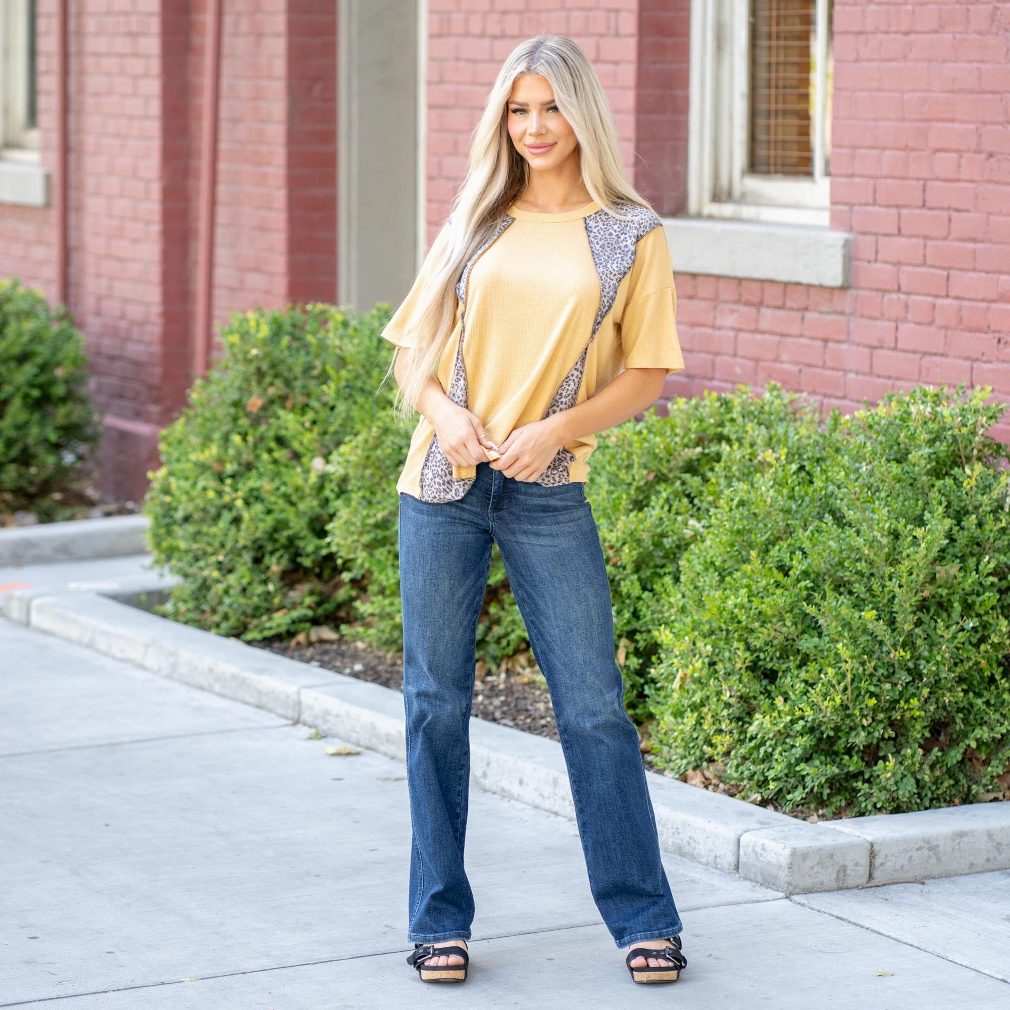 Vanilla Bay Light Yellow Leopard Contrast Pointelle Knit Top All-Season Comfort Street Style