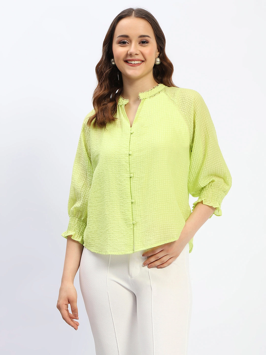 Brushed Interior Madame Frill Sleeve Collared Neck Neon Tencel Top