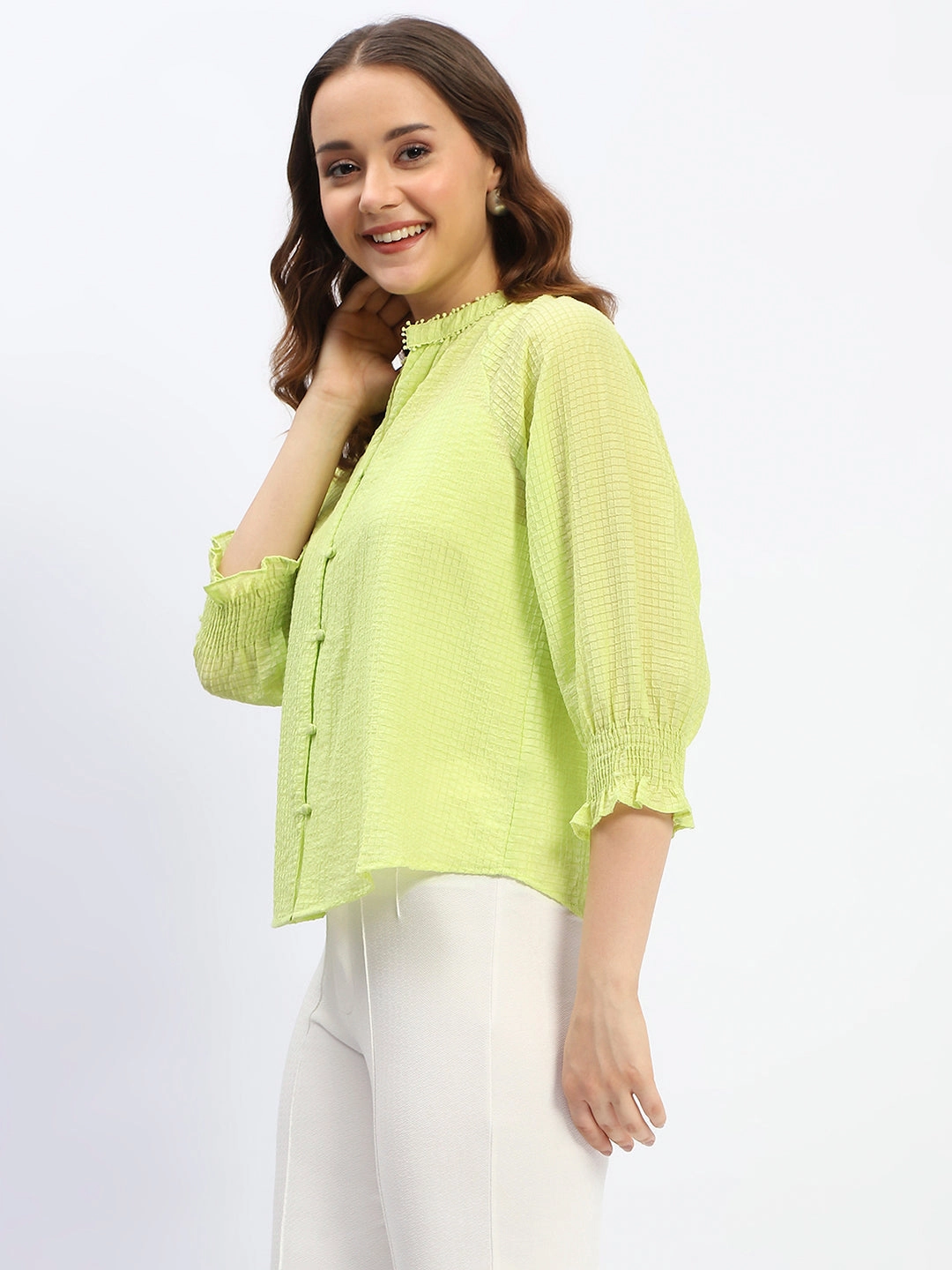 Madame Frill Sleeve Collared Neck Neon Tencel Top UltraSoft Lining Warm Layer