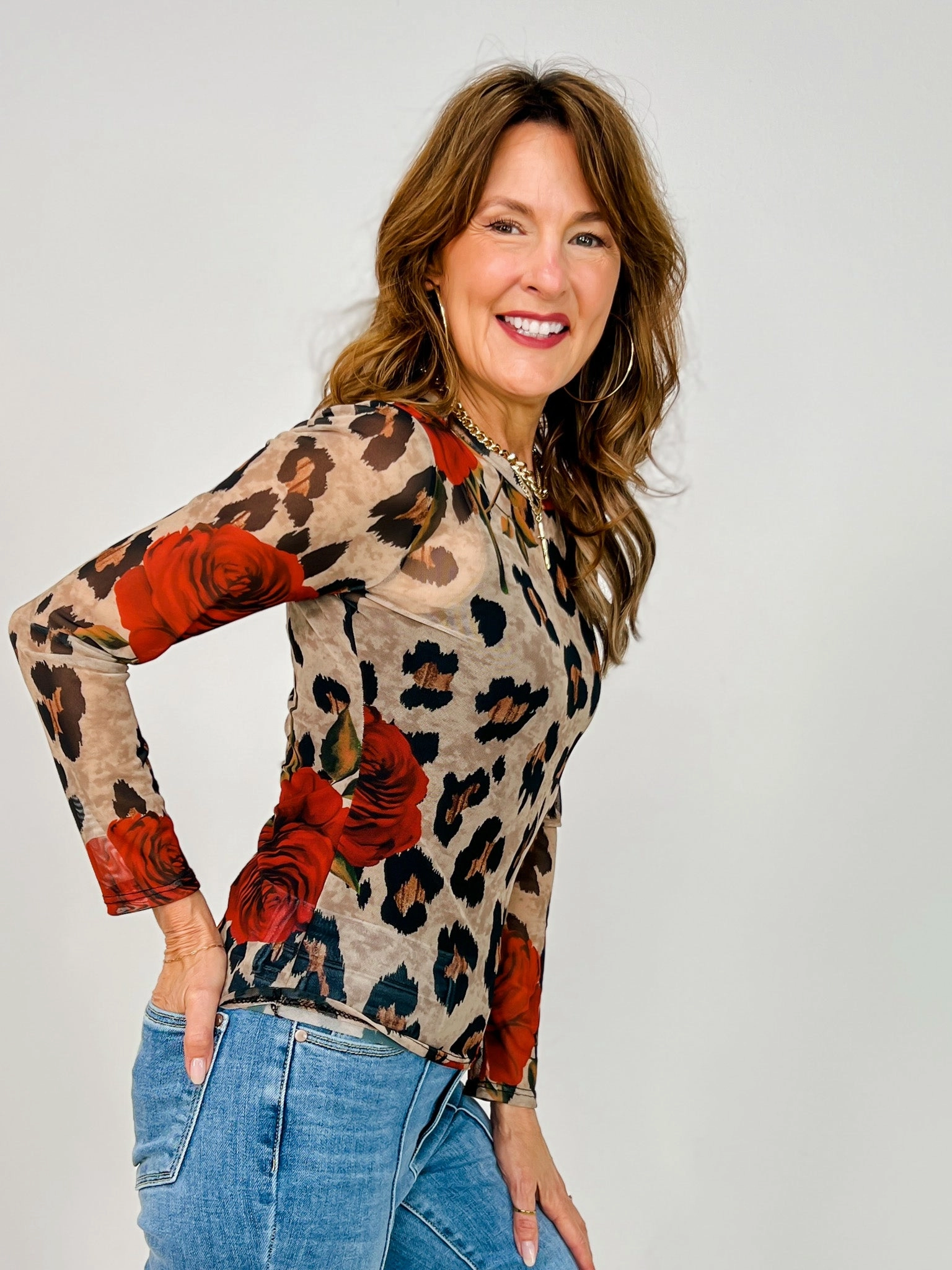 Hypoallergenic Textile Long Sleeve Mesh Top with Leopard Floral Print