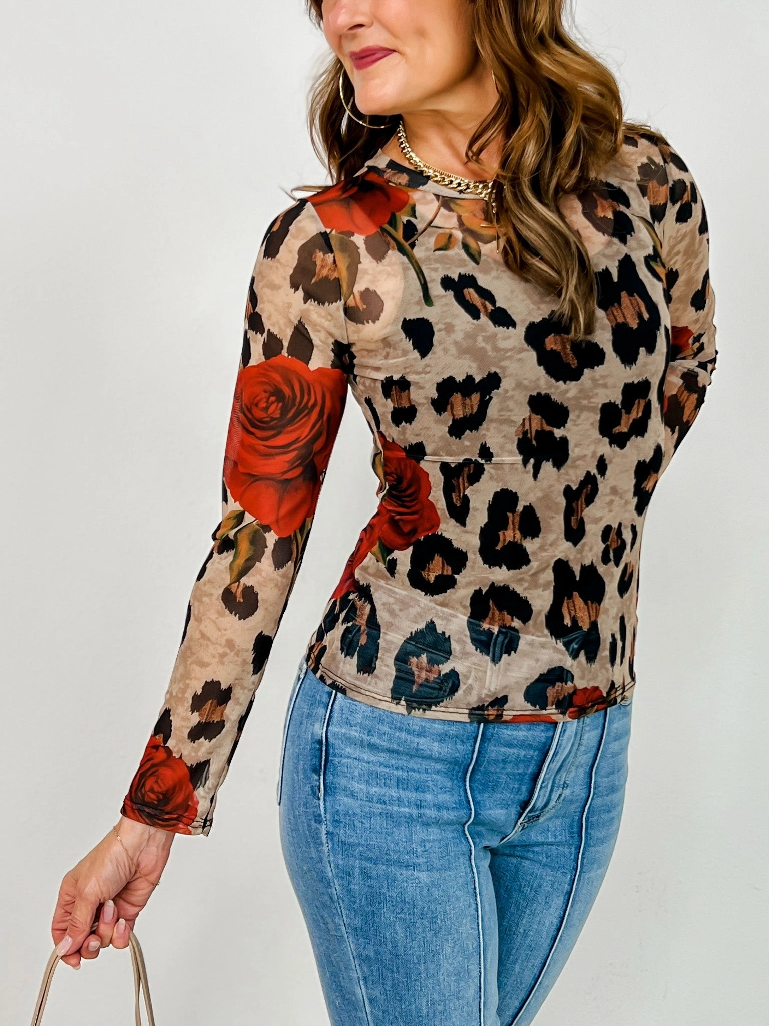 Long Sleeve Mesh Top with Leopard Floral Print Moisture Wicking Fabric Comfortable Layer