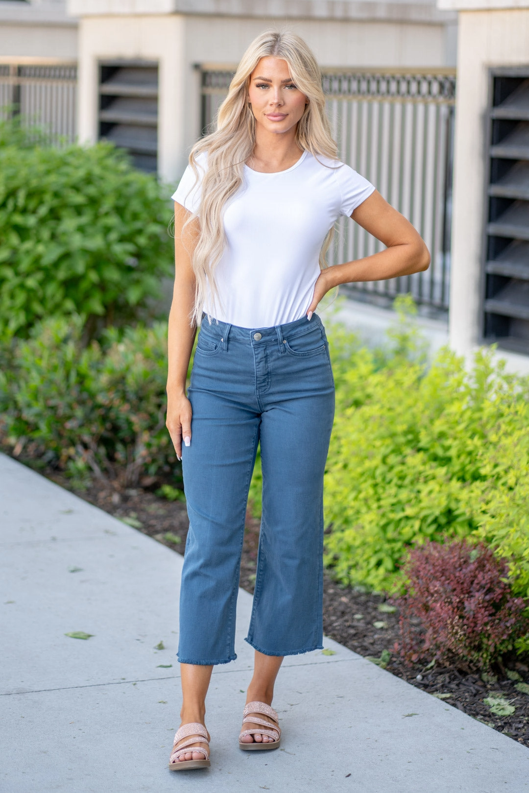 Chloe High Rise Tummy Control Top Cropped Straight Blue Slate Plus & Regular Sizes Fit For Daily