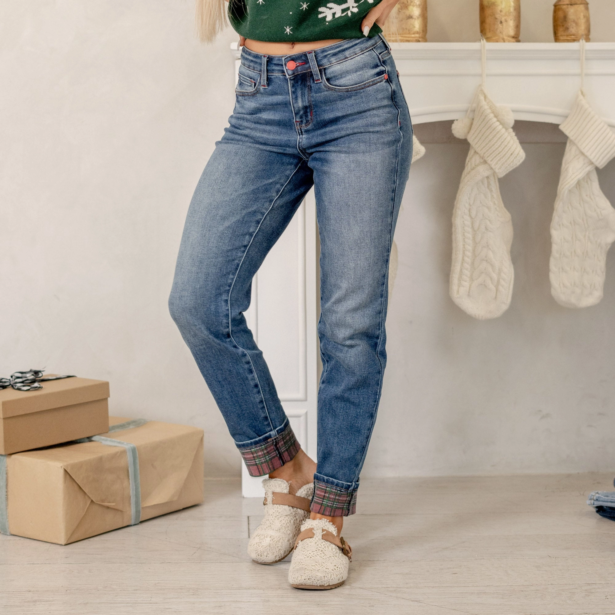 Buffalo Plaid Cuffed Mid Rise Boyfriend Regular & Plus Sizes Daily Choice