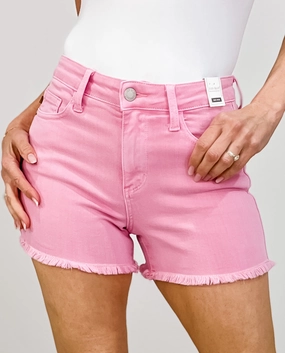 Judy Blue Mid-Rise Pink Garment Dyed Fray Hem Shorts Smooth Lightweight