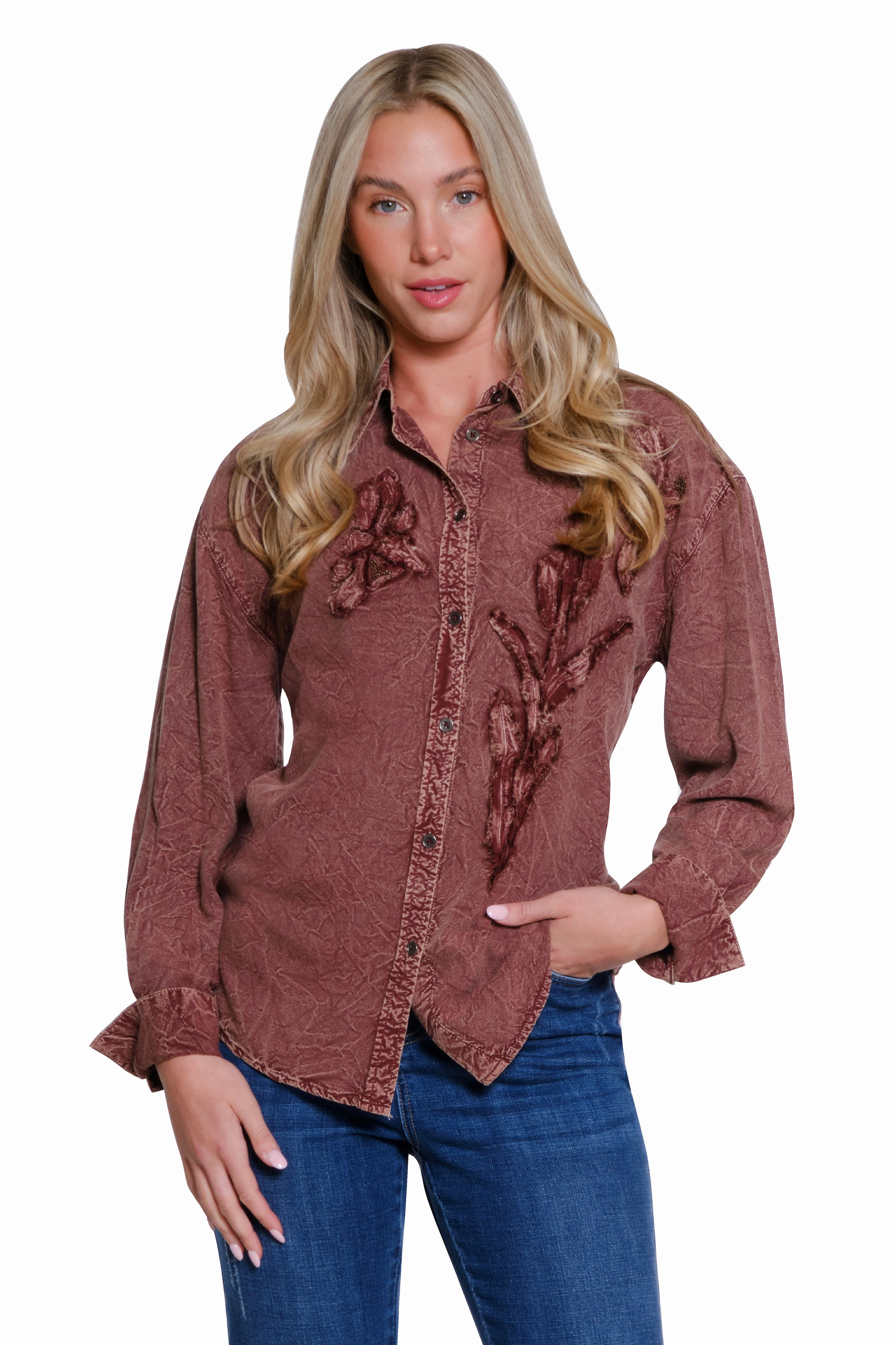 Tubular Body Construction hypoallergenic material Appliqu?? Button-Up Shirt - Brick