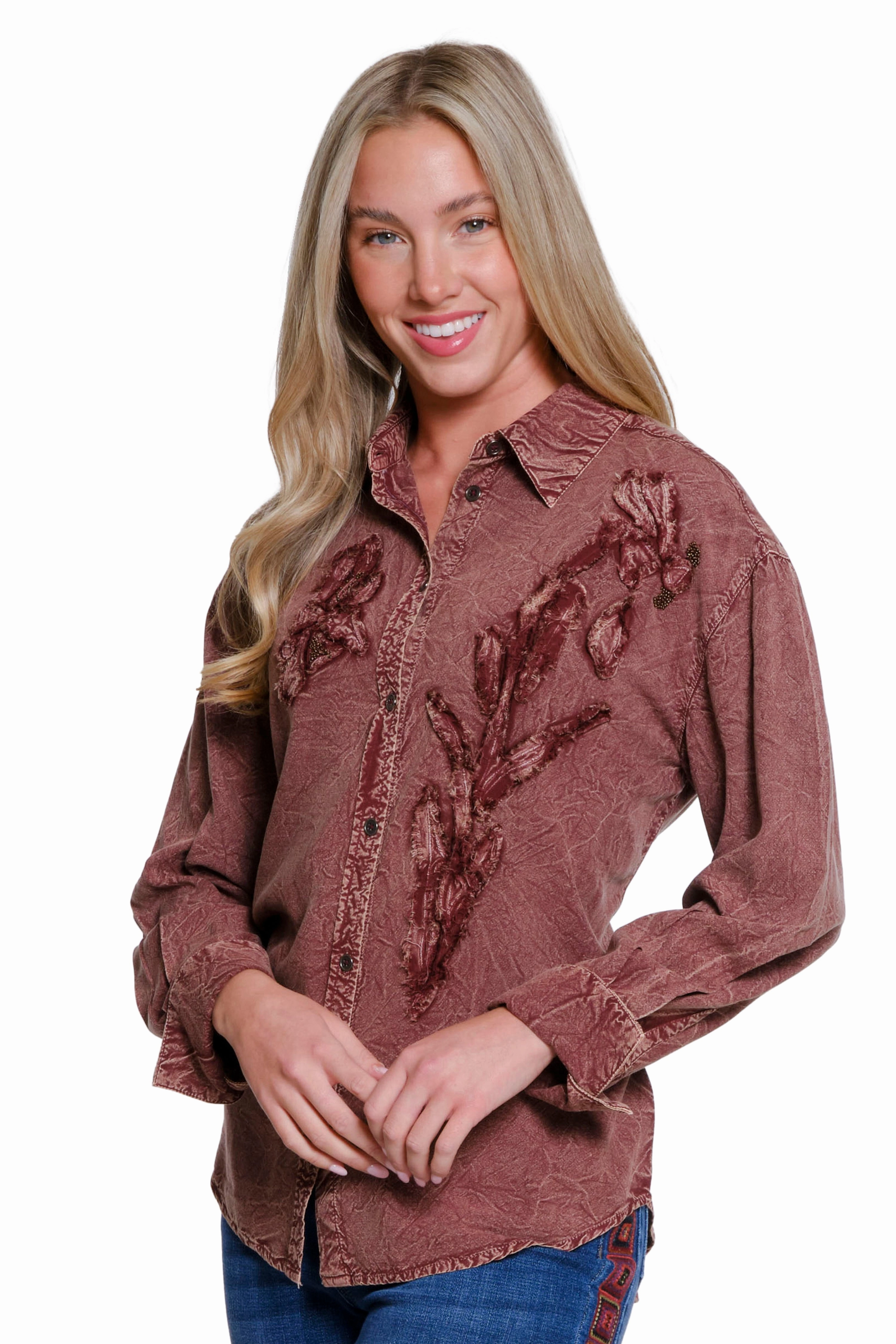 Appliqu?? Button-Up Shirt - Brick AbrasionResistant