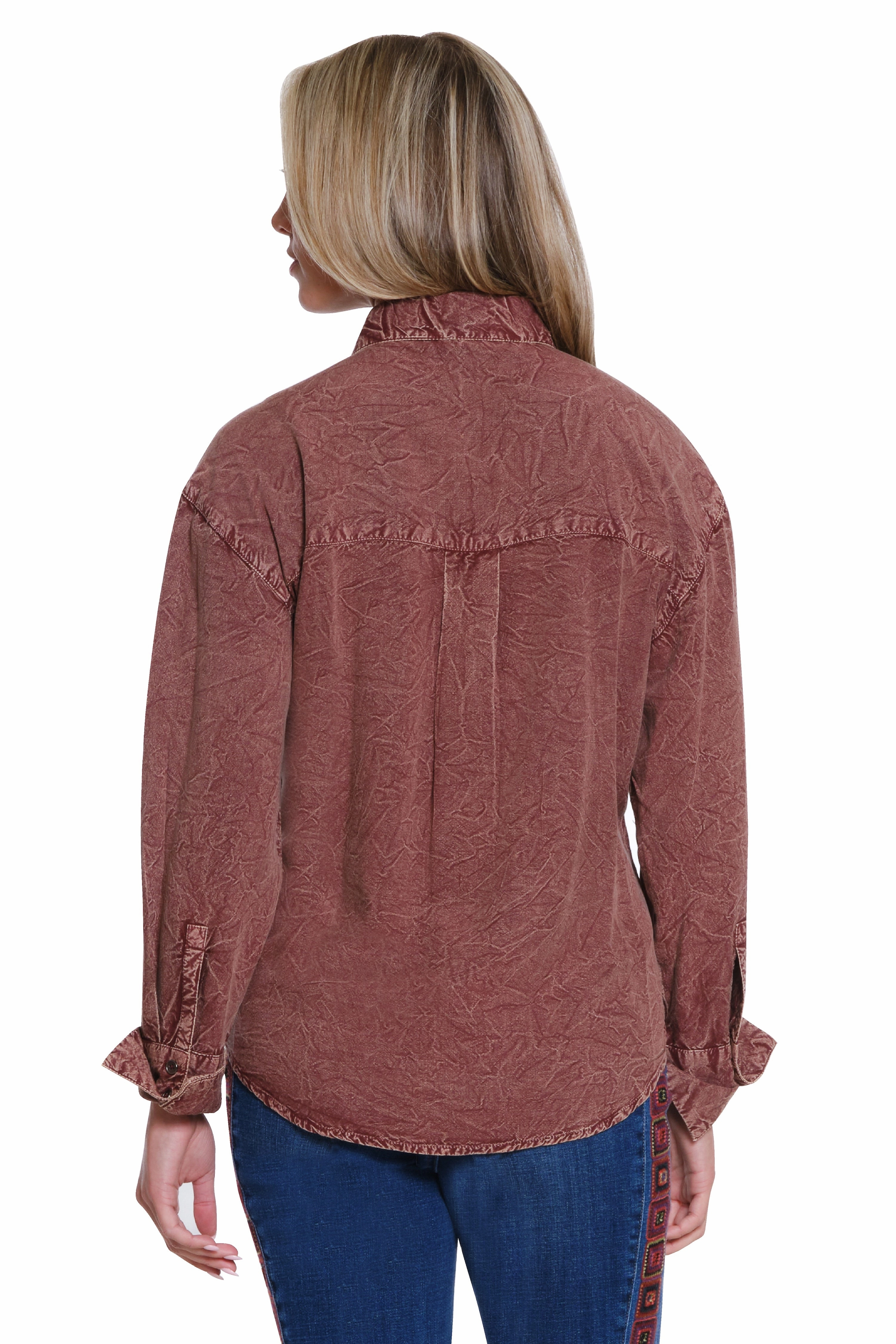 Printed Blouse Appliqu?? Button-Up Shirt - Brick