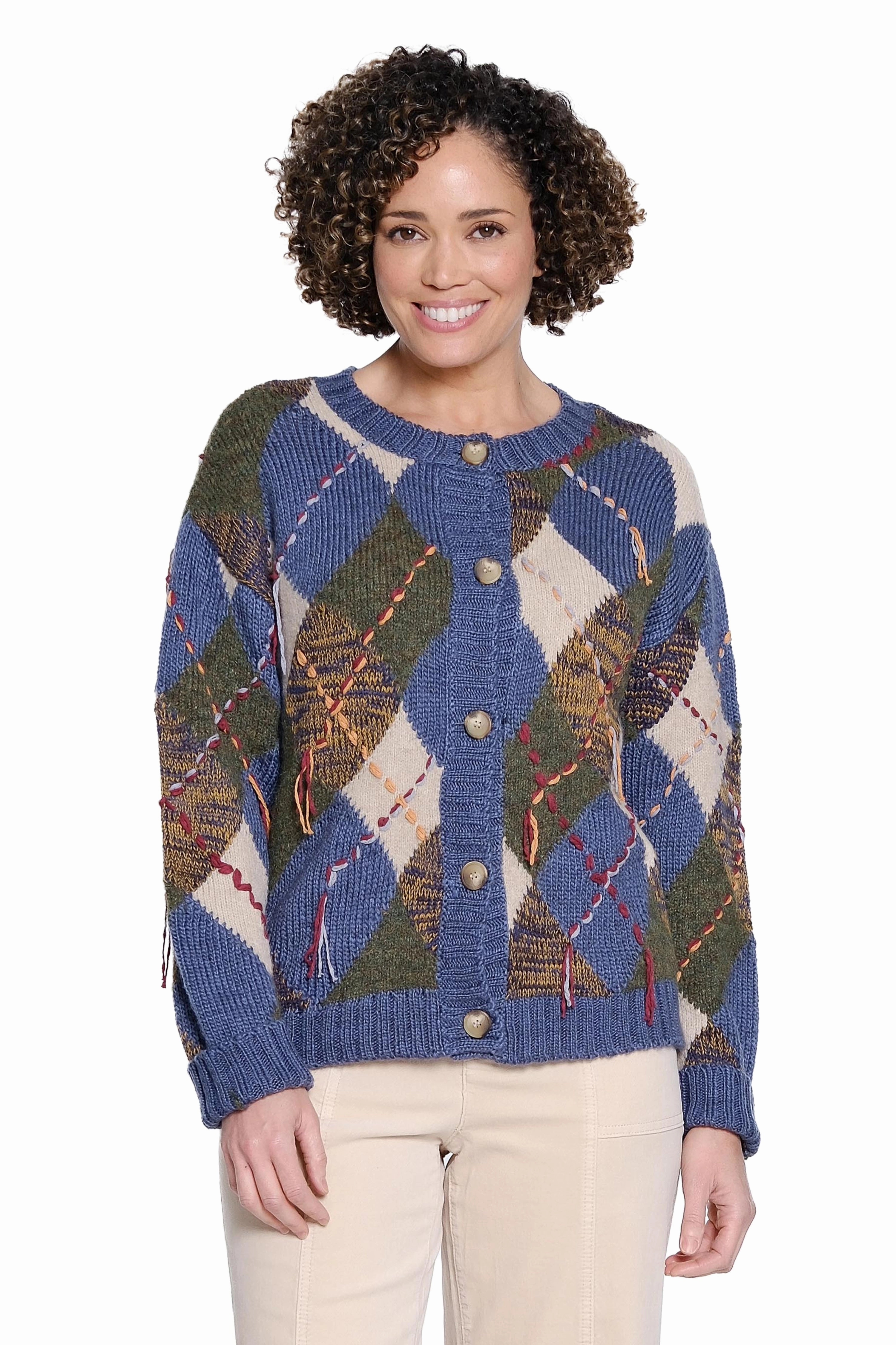 Flatlock Stitching Technique ComfortStretch Argyle Knit Cardigan - Multi