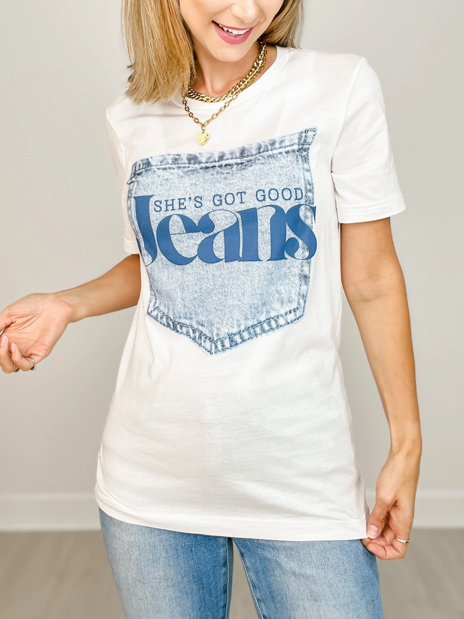 ReflectiveTrim Convertible Collar She's Got Good Jeans Graphic Tee