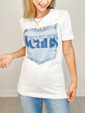ReflectiveTrim Convertible Collar She's Got Good Jeans Graphic Tee
