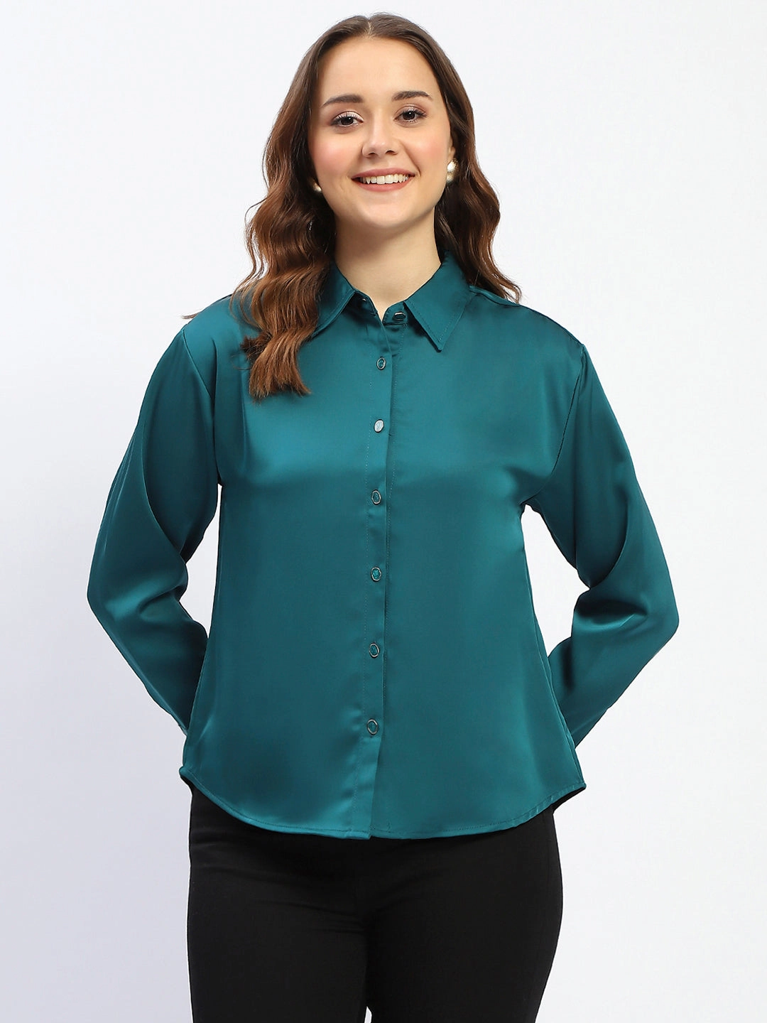 Madame Teal Button Down Shirt Low Profile Pocket Design Fade Resistant Formula