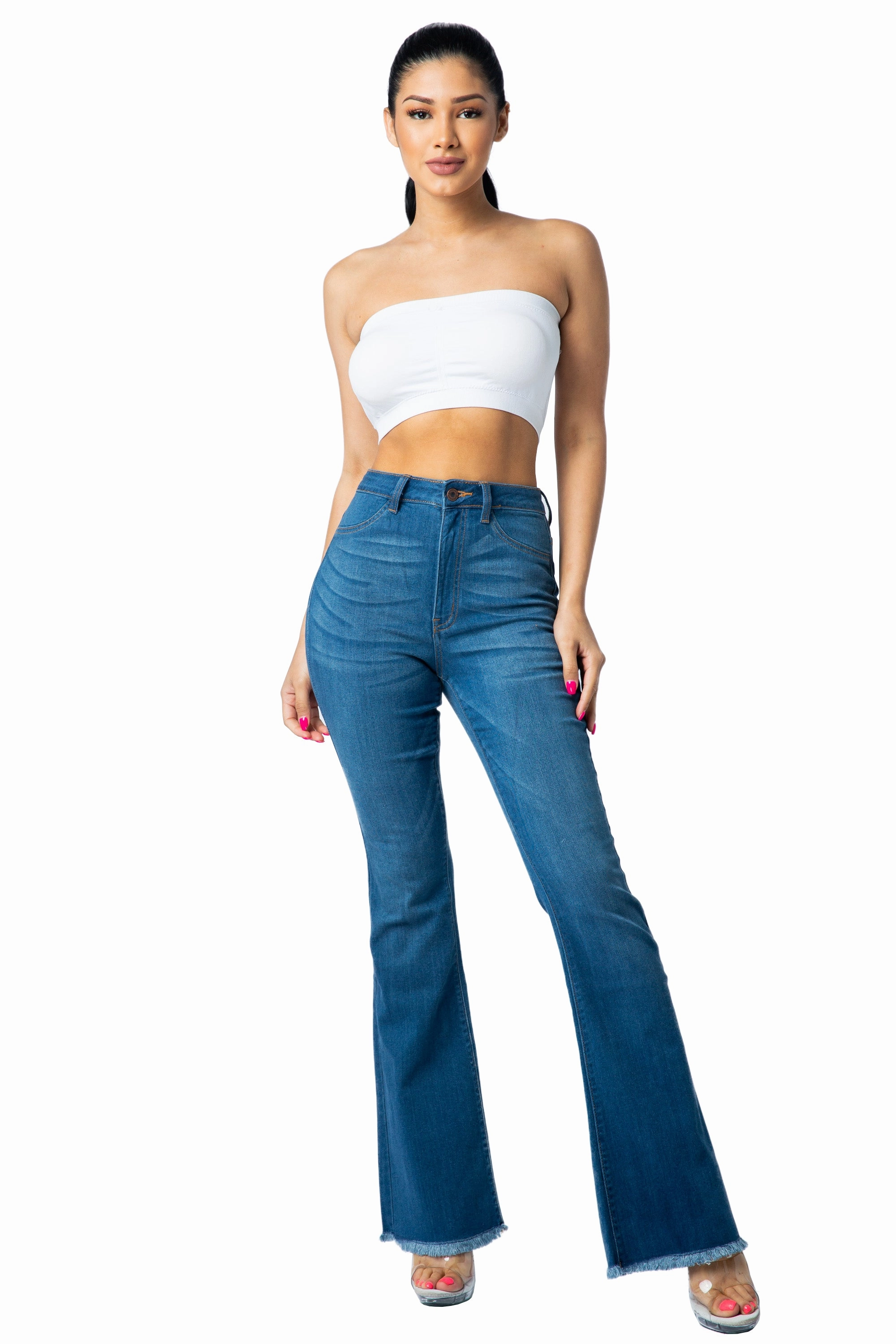 Easy Fashion 2040 Women's High Waisted Raw Hem Frayed Flare Jeans