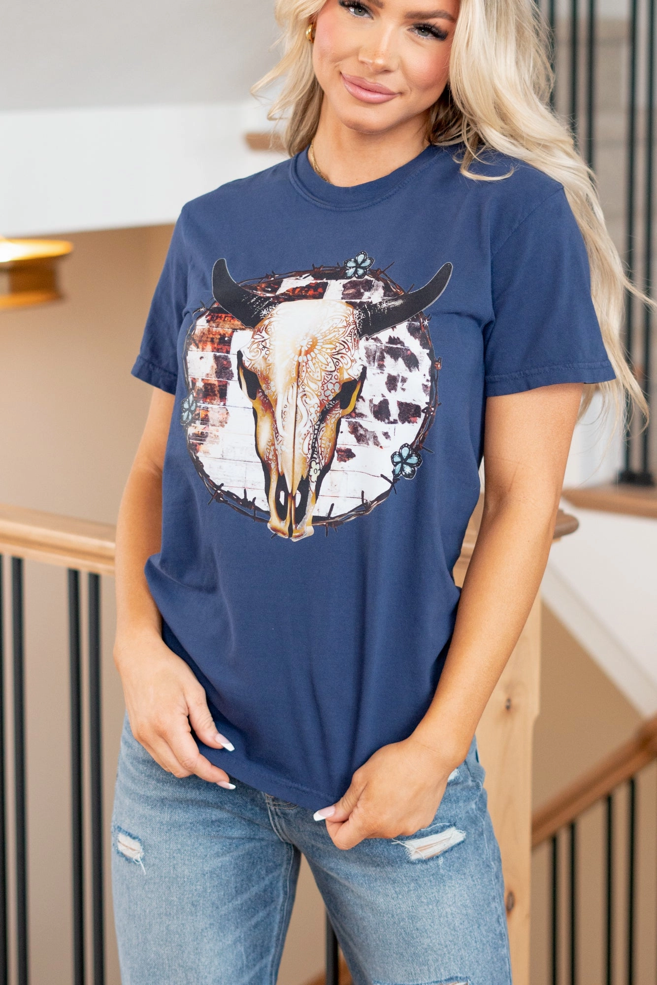 Barbed Wire Bull Skull Graphic  - True Navy T-Shirt Everyday apparel NoSideSeams