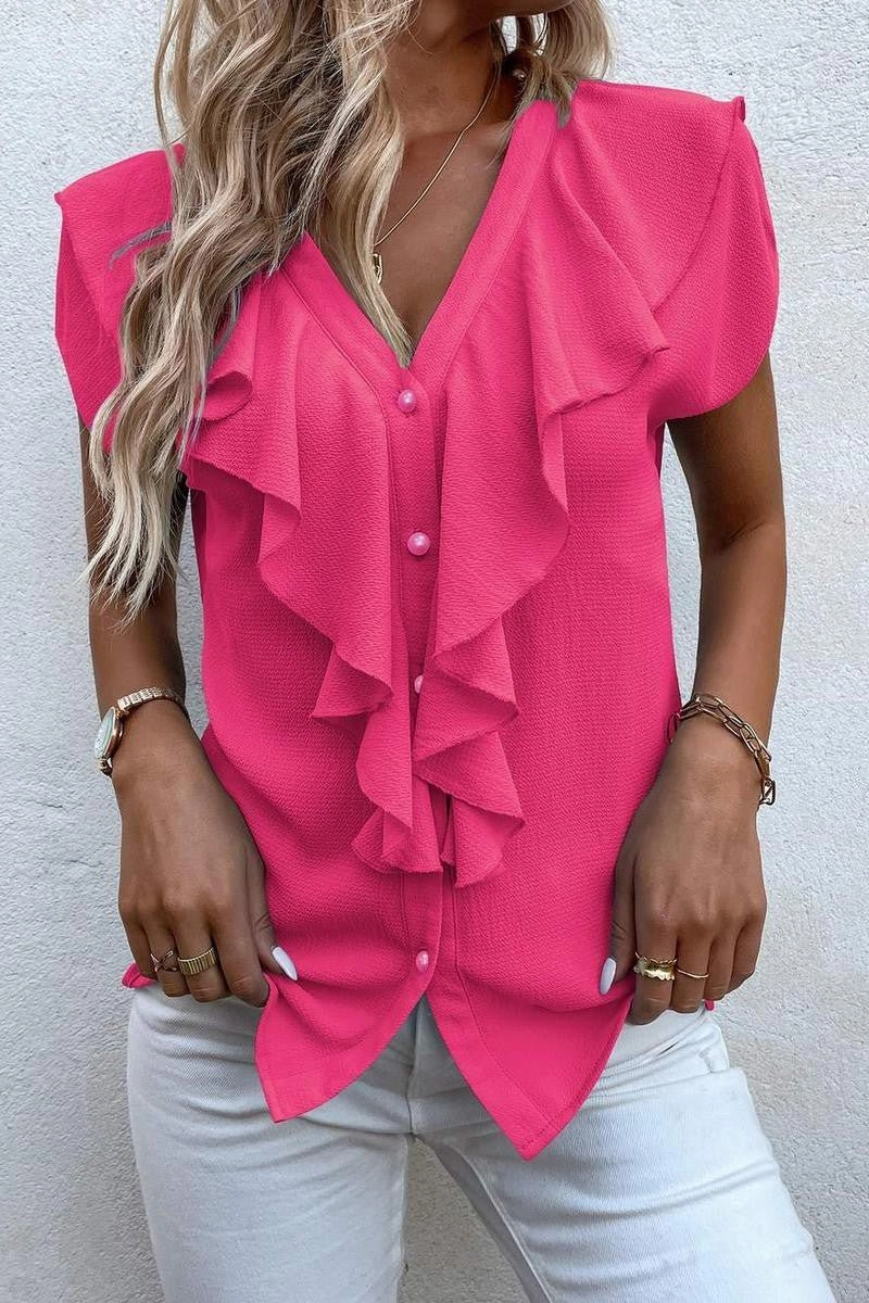 Ribbed Trim Details Batwing Sleeve Ruffle Trim Blouse