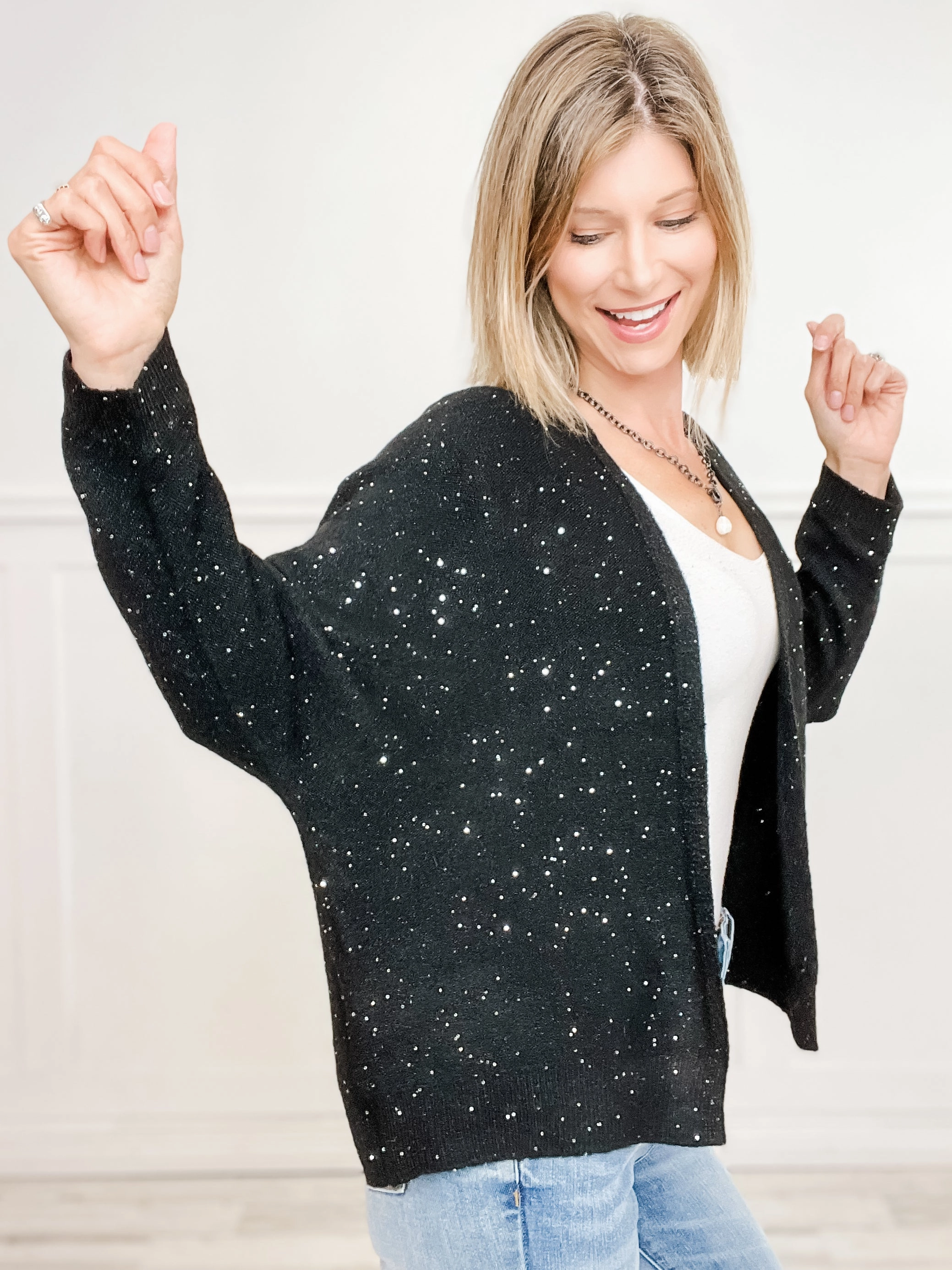 Soft Knitwear Versatile Layer Beaded Yarn Dolman Sleeve Open Front Cardigan Sweater