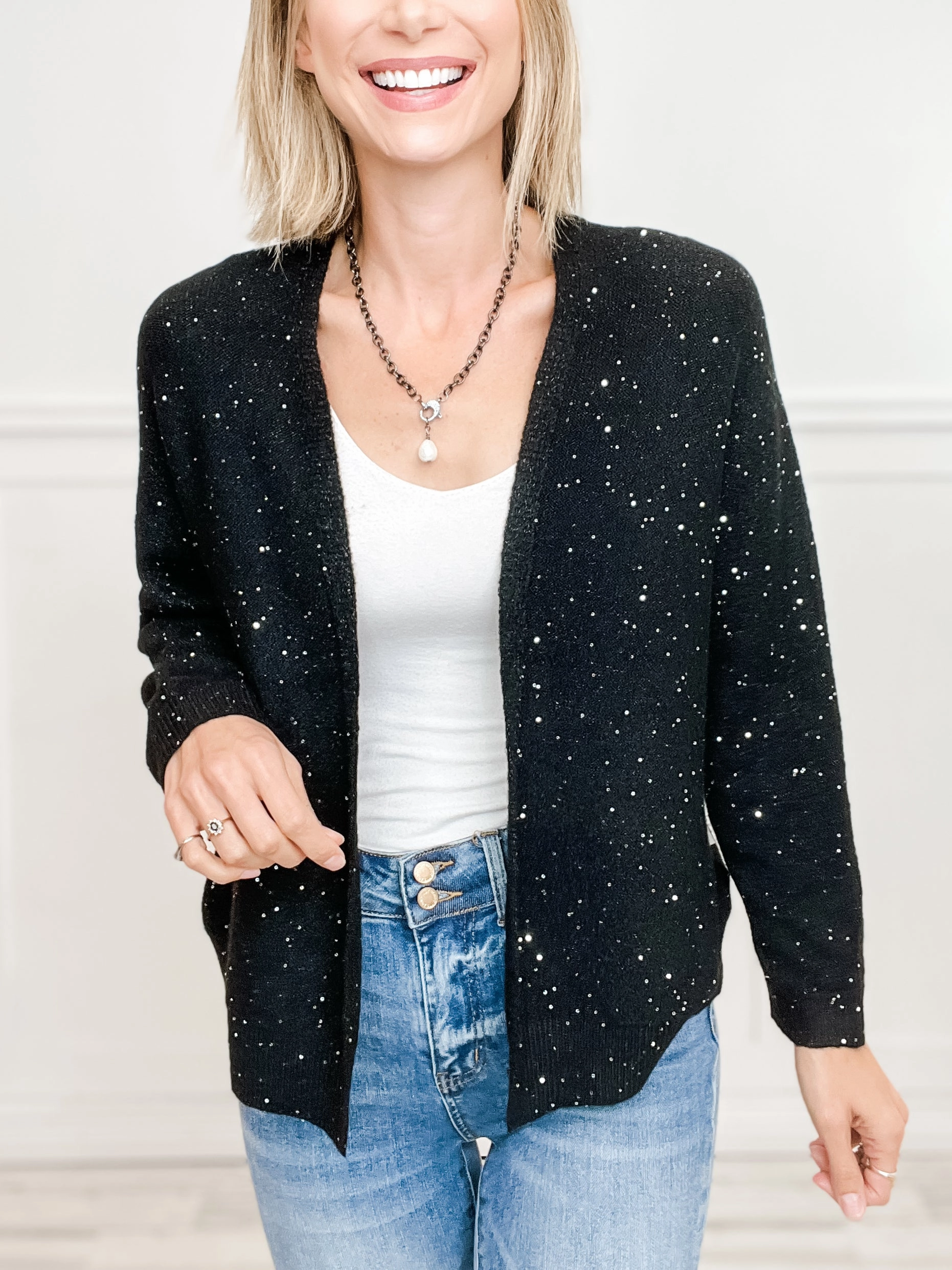 Comfortable apparel Beaded Yarn Dolman Sleeve Open Front Cardigan Sweater