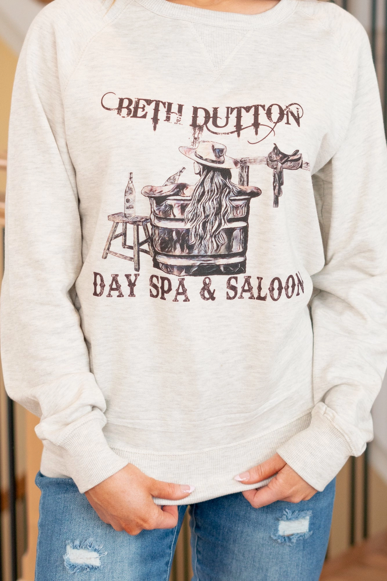 Timeless Wear Beth Dutton Day Spa & Saloon Graphic Pull Over Sweater - Oatmeal