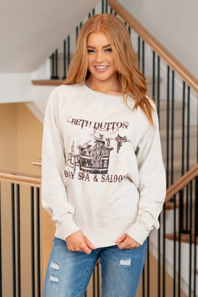 Structured silhouette Beth Dutton Day Spa & Saloon Graphic Pull Over Sweater - Oatmeal