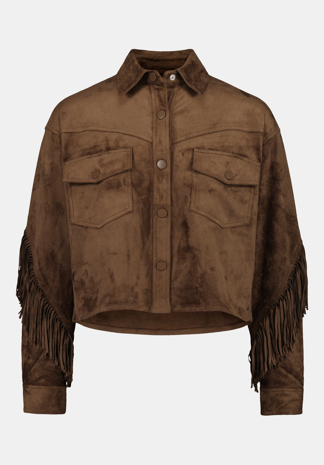Anti Static Inner Layer Bibi Women's Western Fringe Cropped Jacket in Faux Suede, Caramel - JK0057