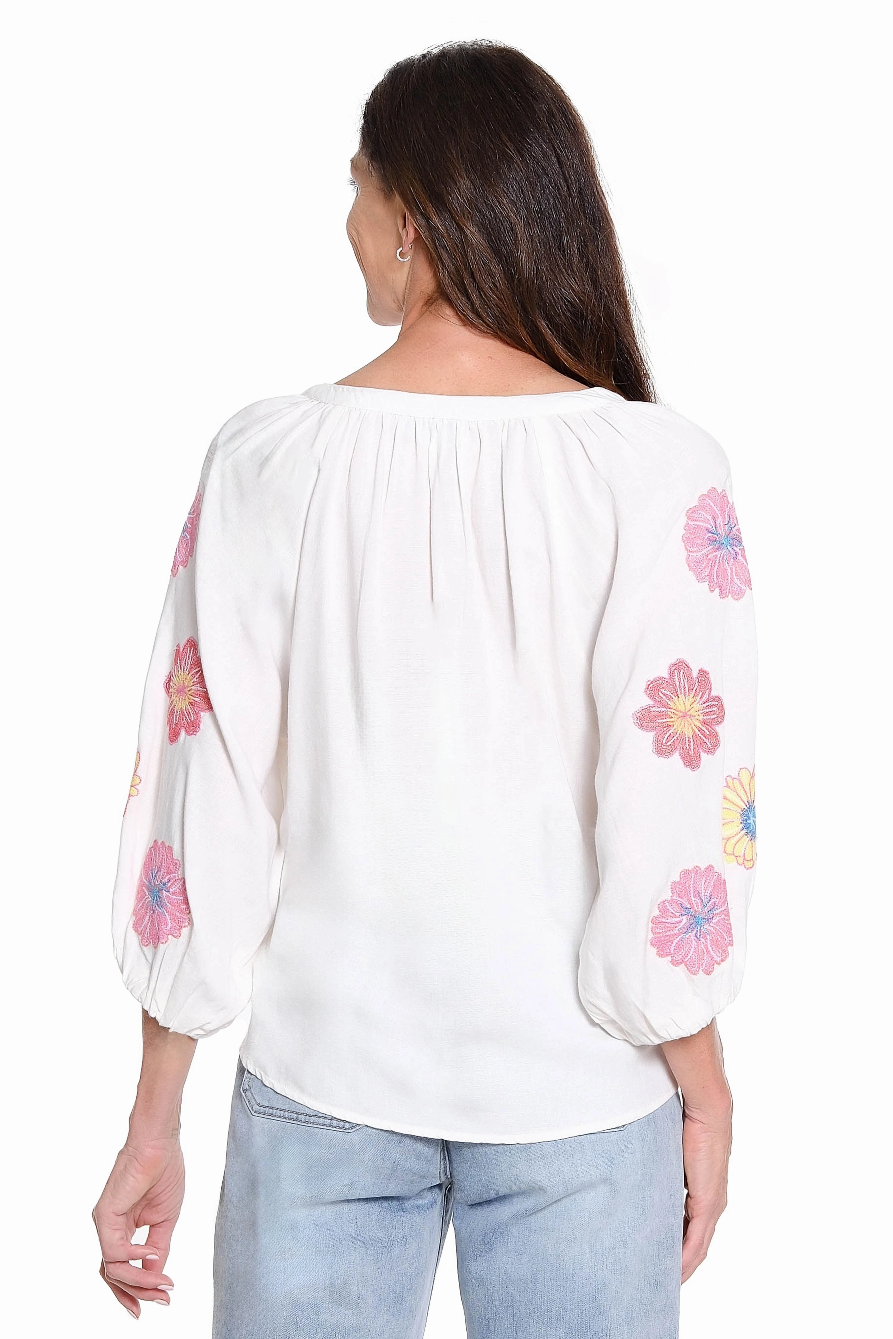 Embroidered Sleeve Split Neck Top - White UVProtectionCoating PaddedInsulation