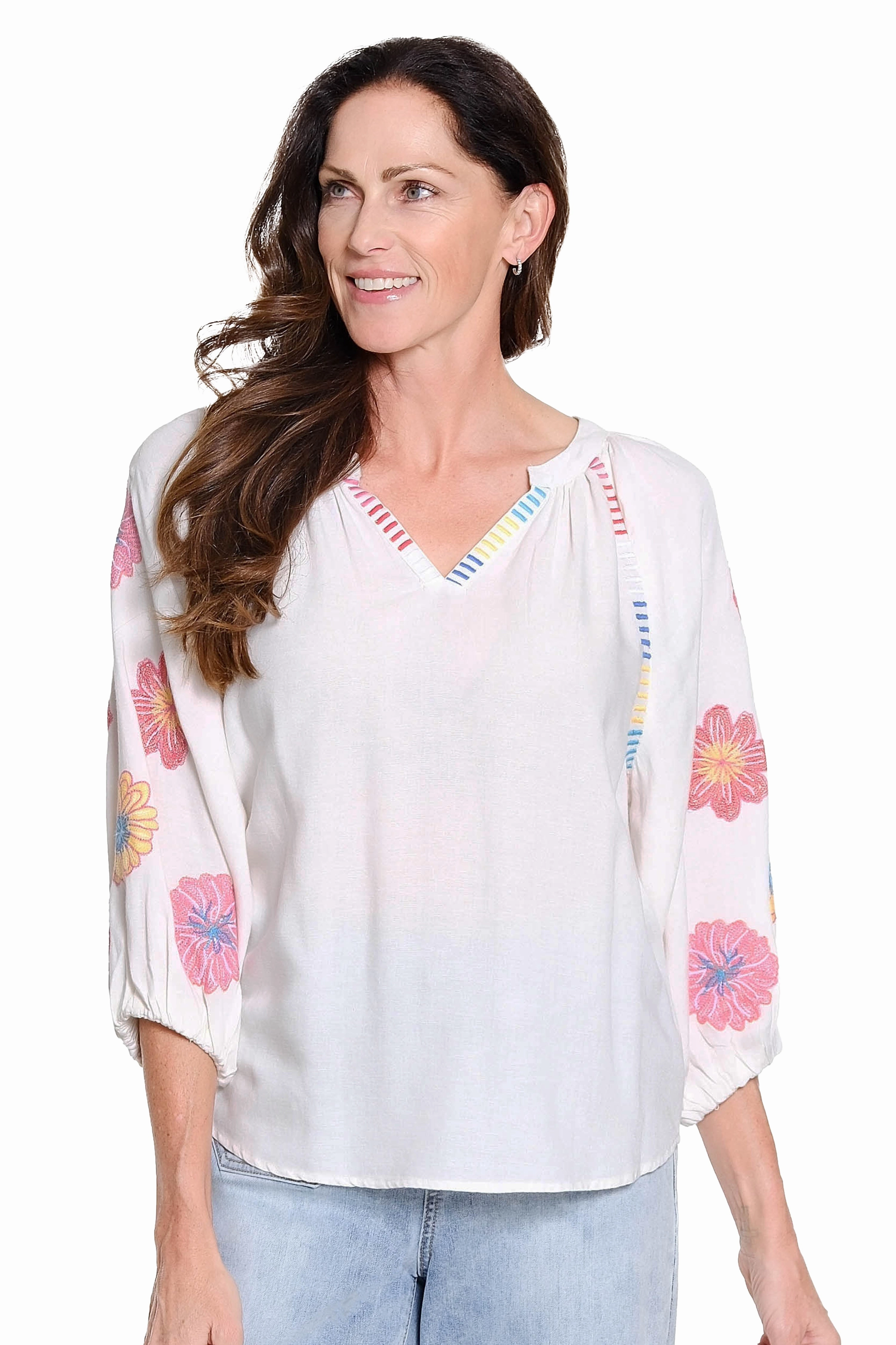Embroidered Sleeve Split Neck Top - White ButtonDownCollar Low Profile Seaming