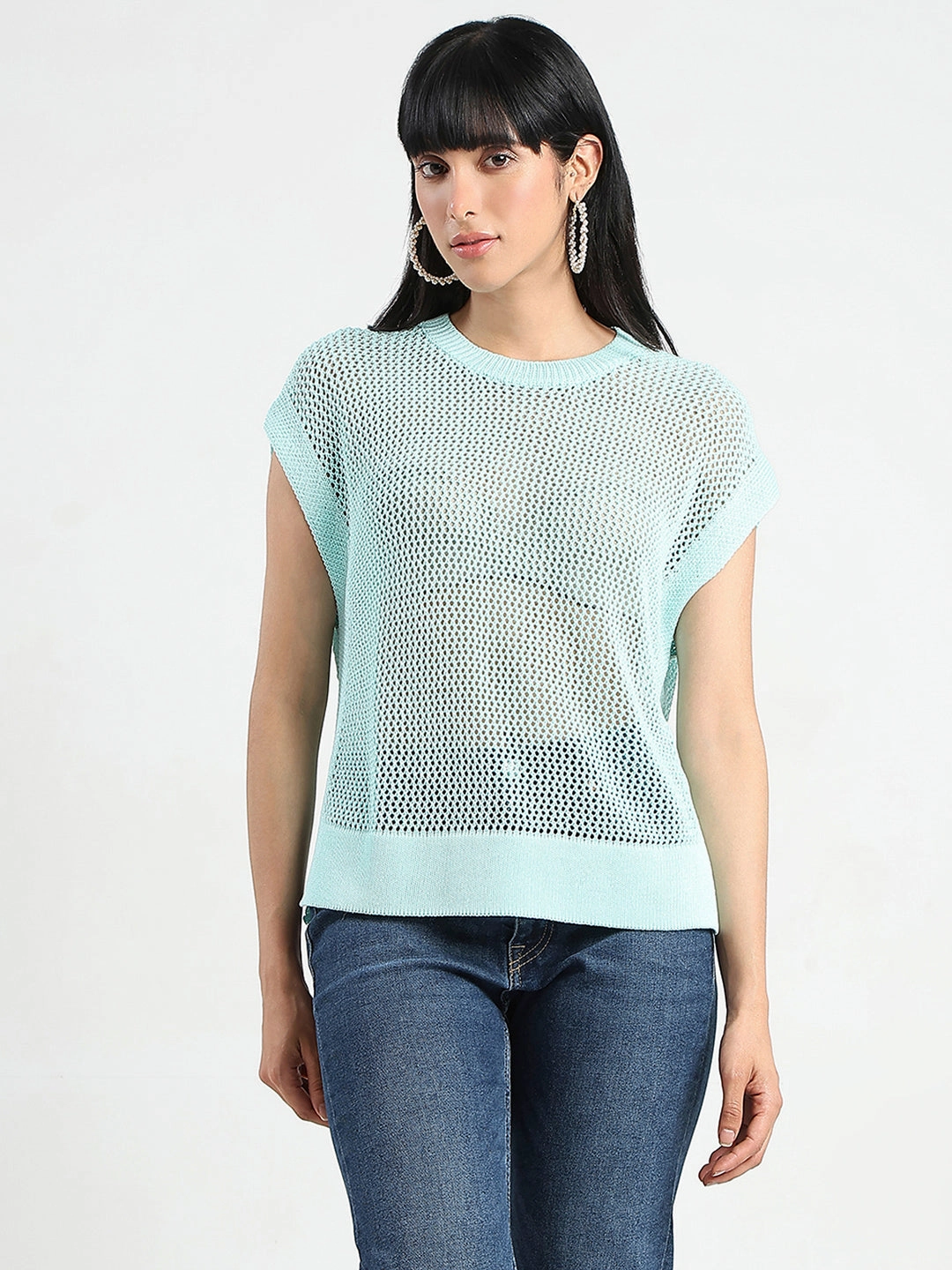 Madame Open Knit Side Slits Mint Green Top ContrastTipping Bonded Seam Tape