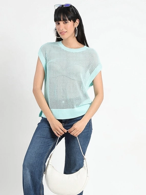 Tagless Comfort Collar Madame Open Knit Side Slits Mint Green Top