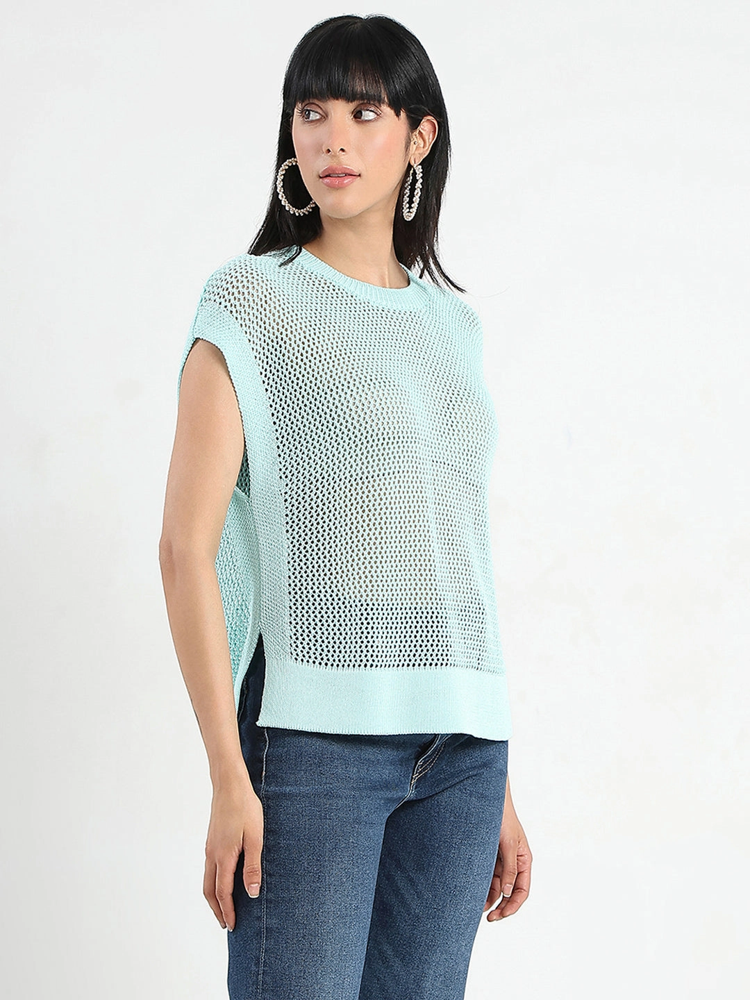 CushionedSupport Madame Open Knit Side Slits Mint Green Top