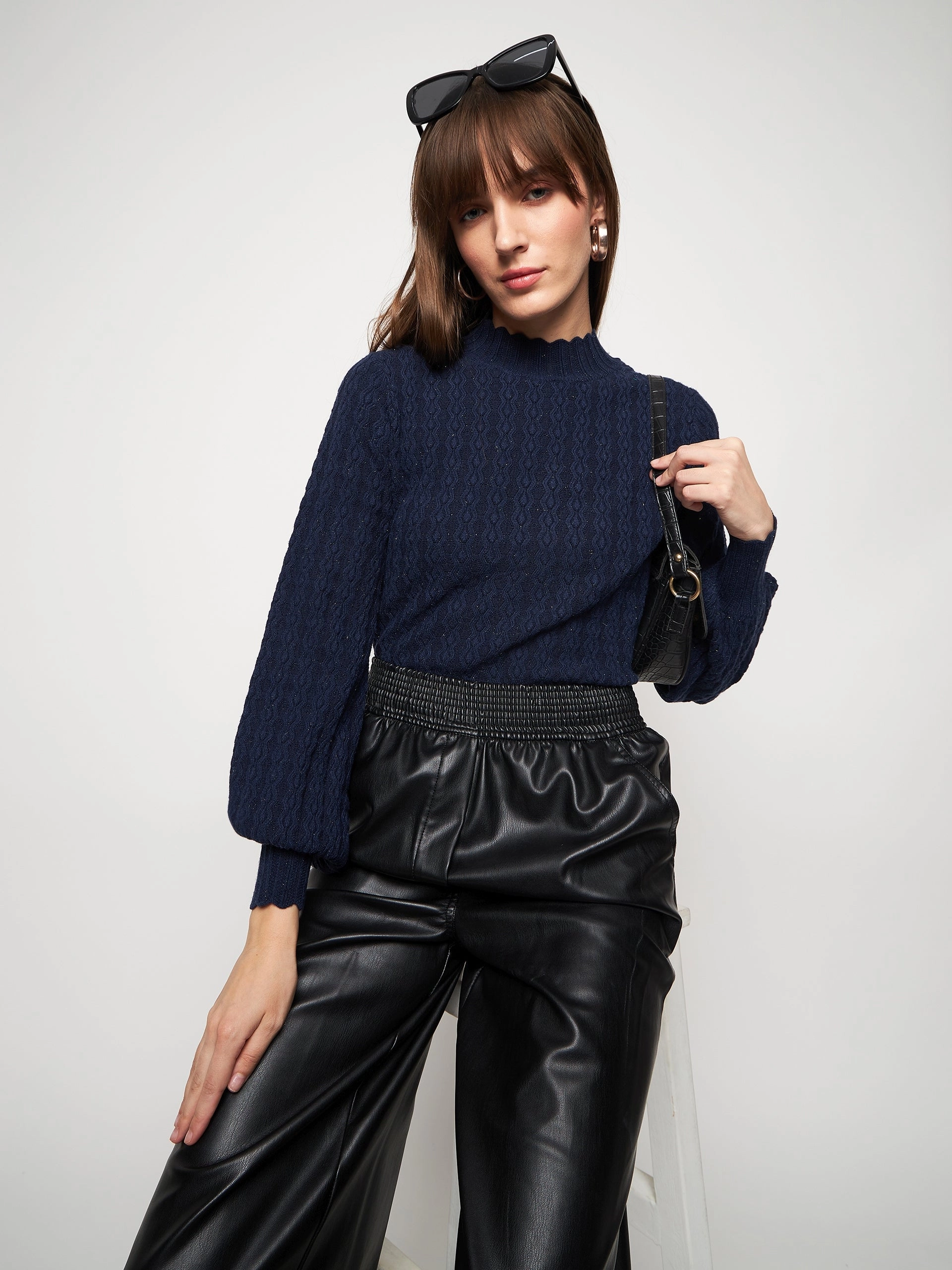 Madame Navy Pull-On Sweater Textured Weave Stretchy Fit
