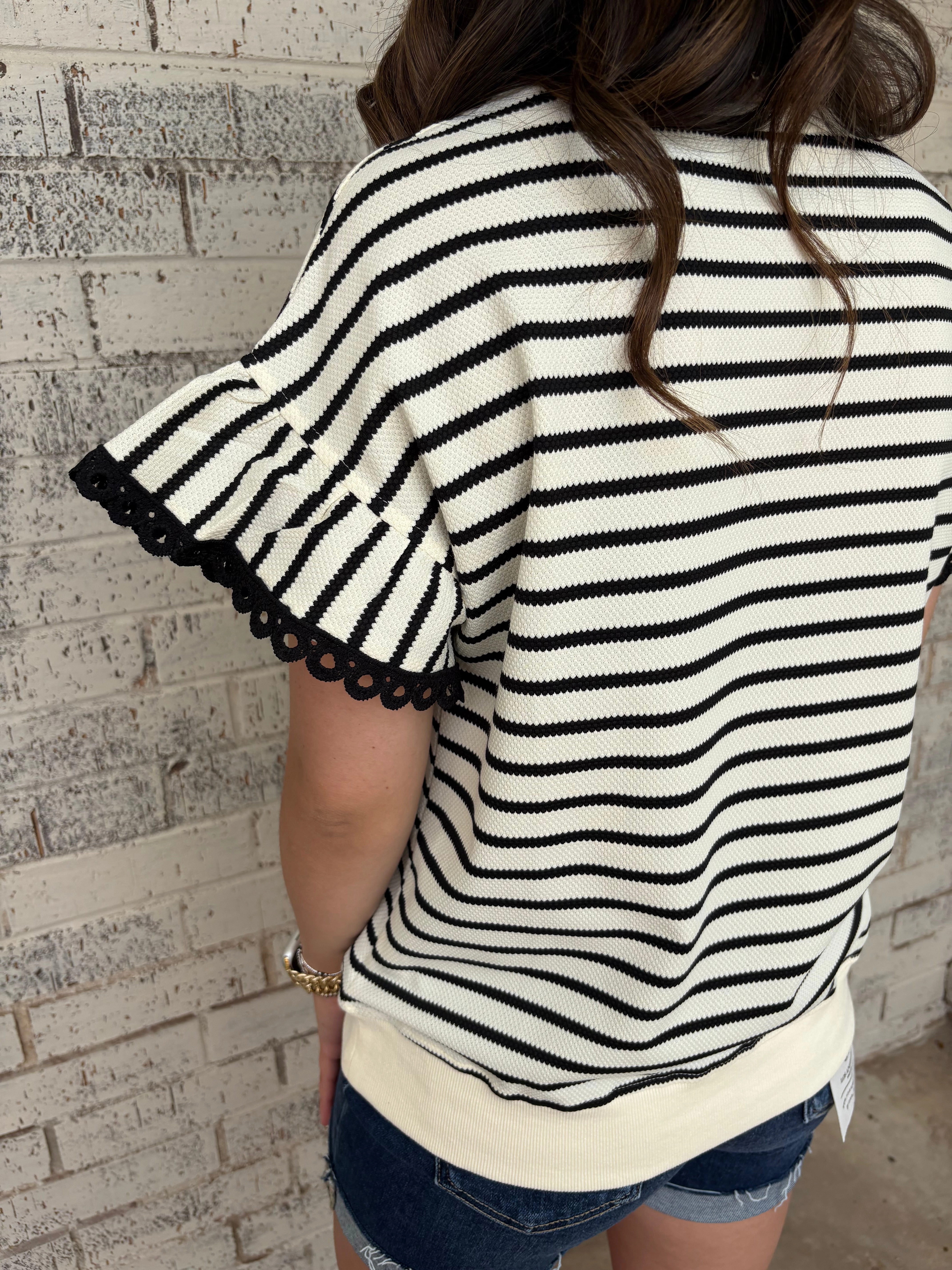 Black Stripe Scallop Lace Trim Ruffle Crewneck Top Denim Shirt Reversible Layering Tech