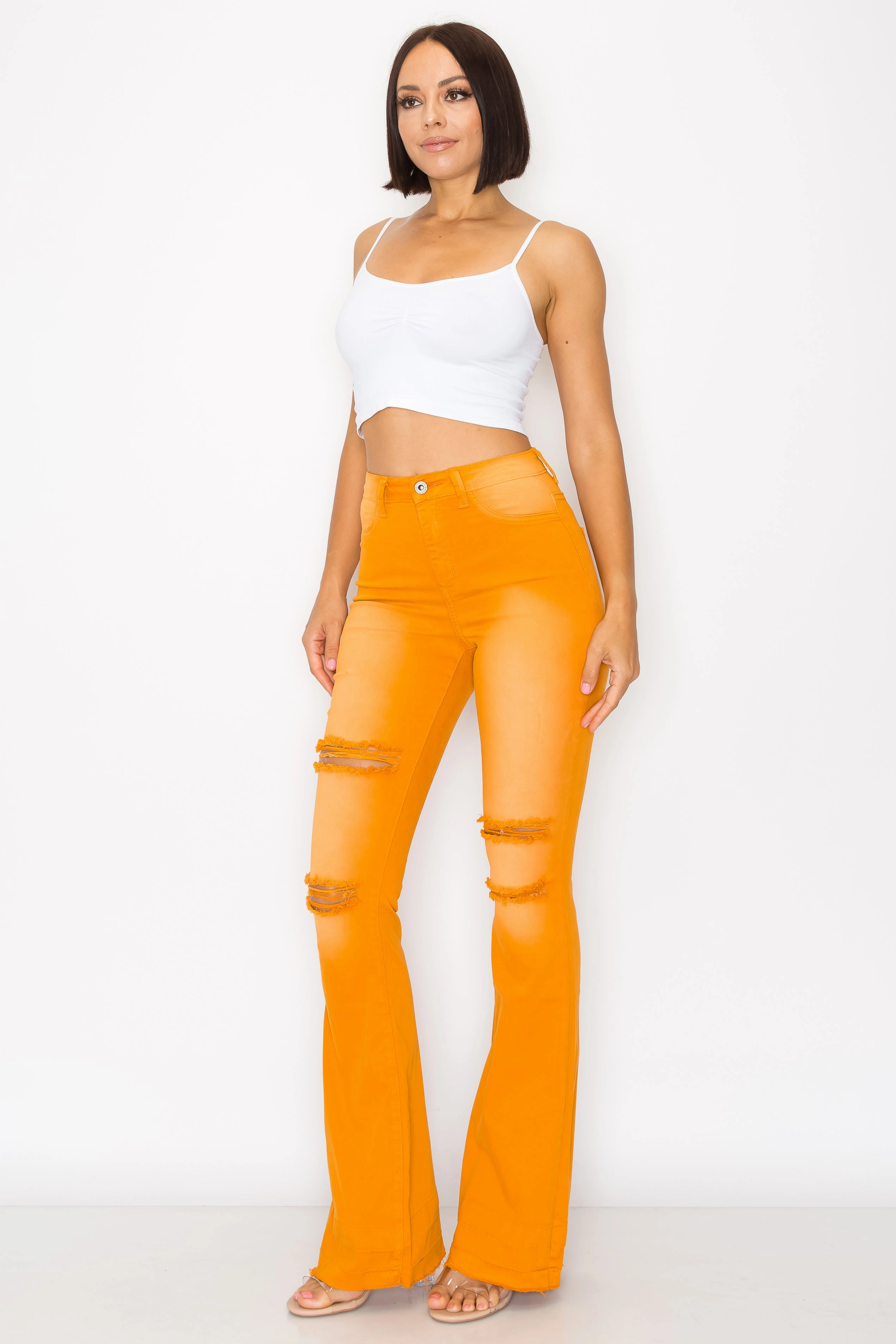 2143 Woman High Rise Light Flare Jeans W/Knee & Tight Slices Clean Lines Closet Staple