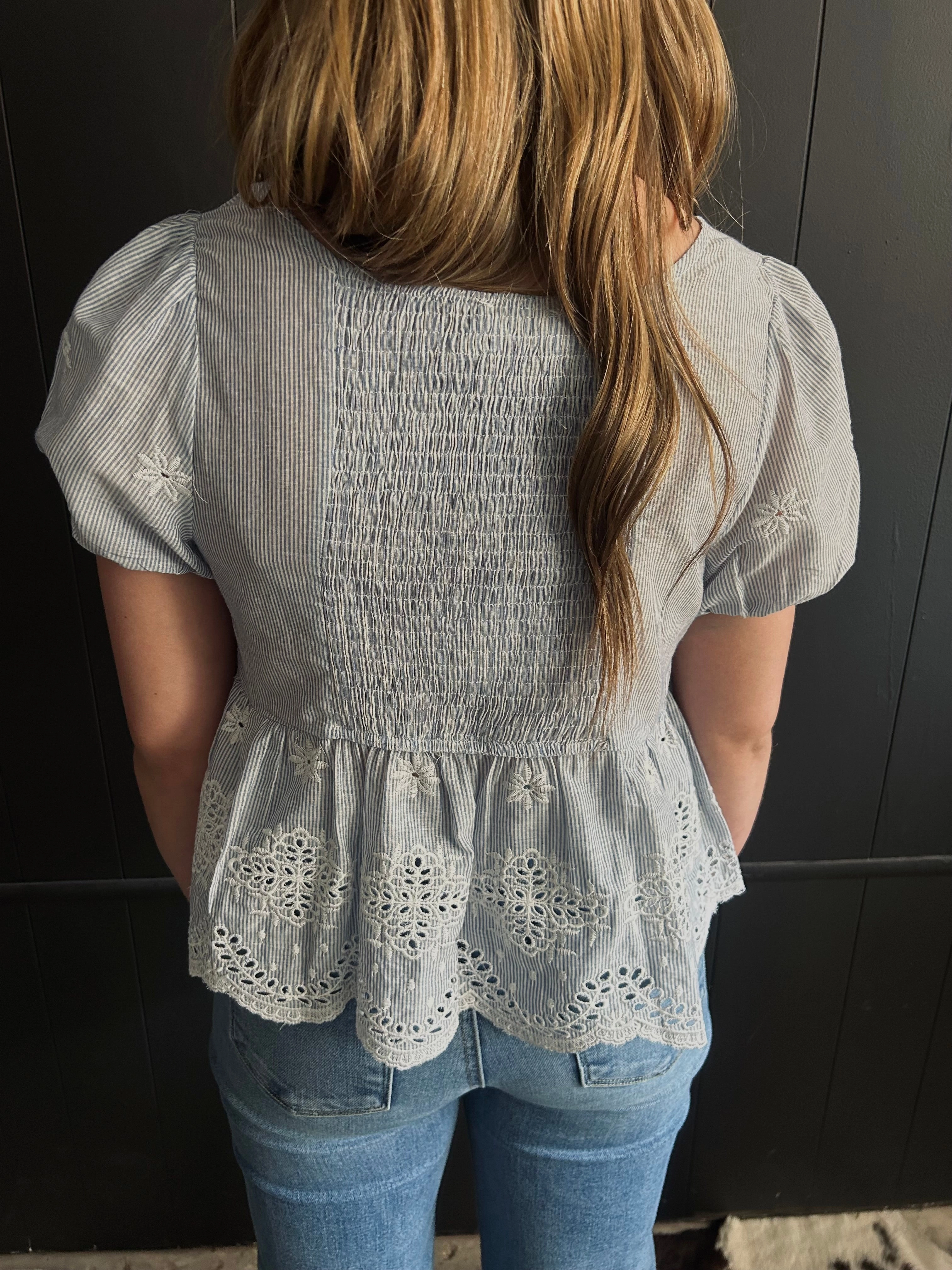 NonIrritatingEdges Blue & White Pin Stripe Floral Embroidered Top