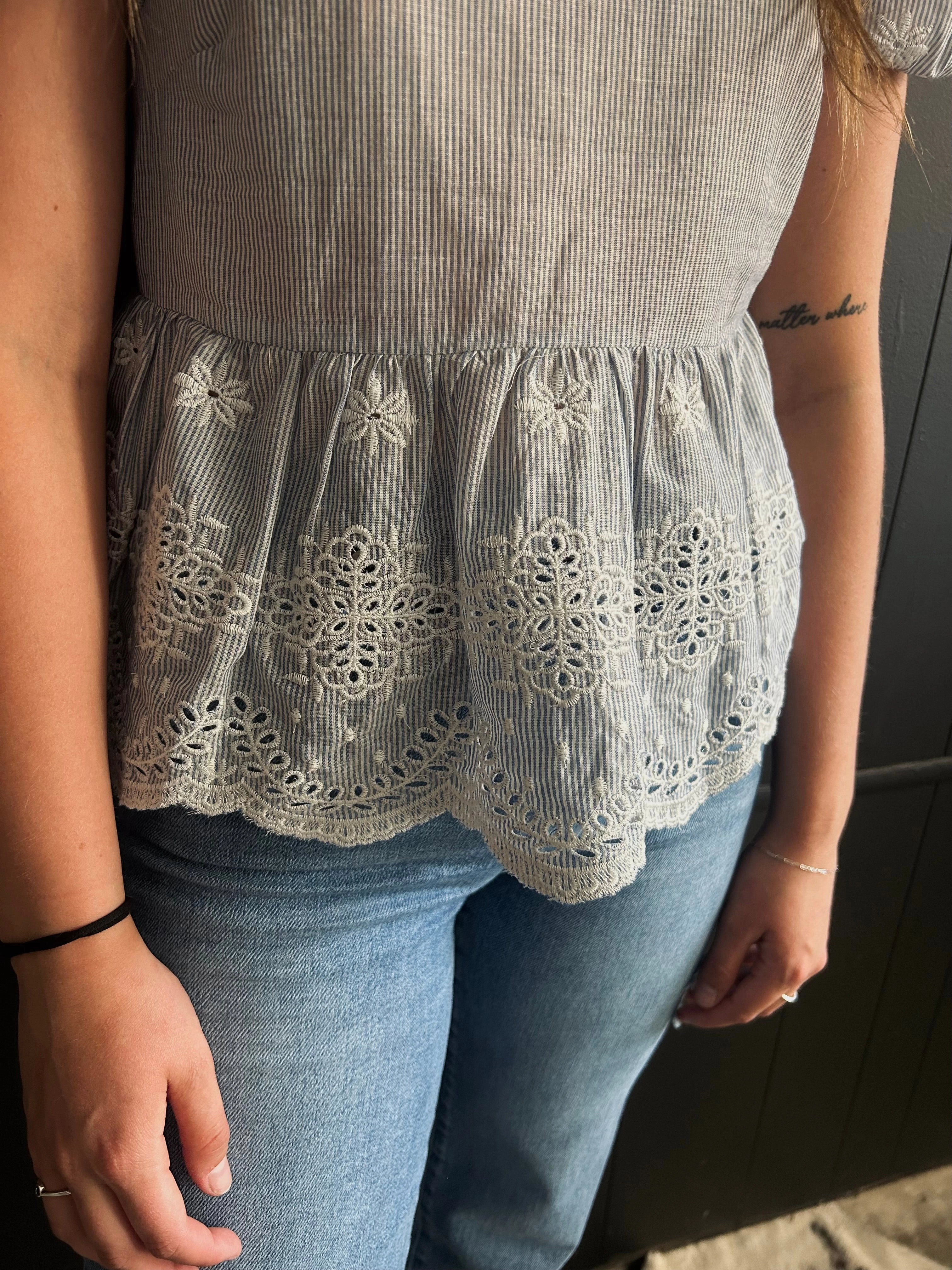 Blue & White Pin Stripe Floral Embroidered Top ZonalVentilation