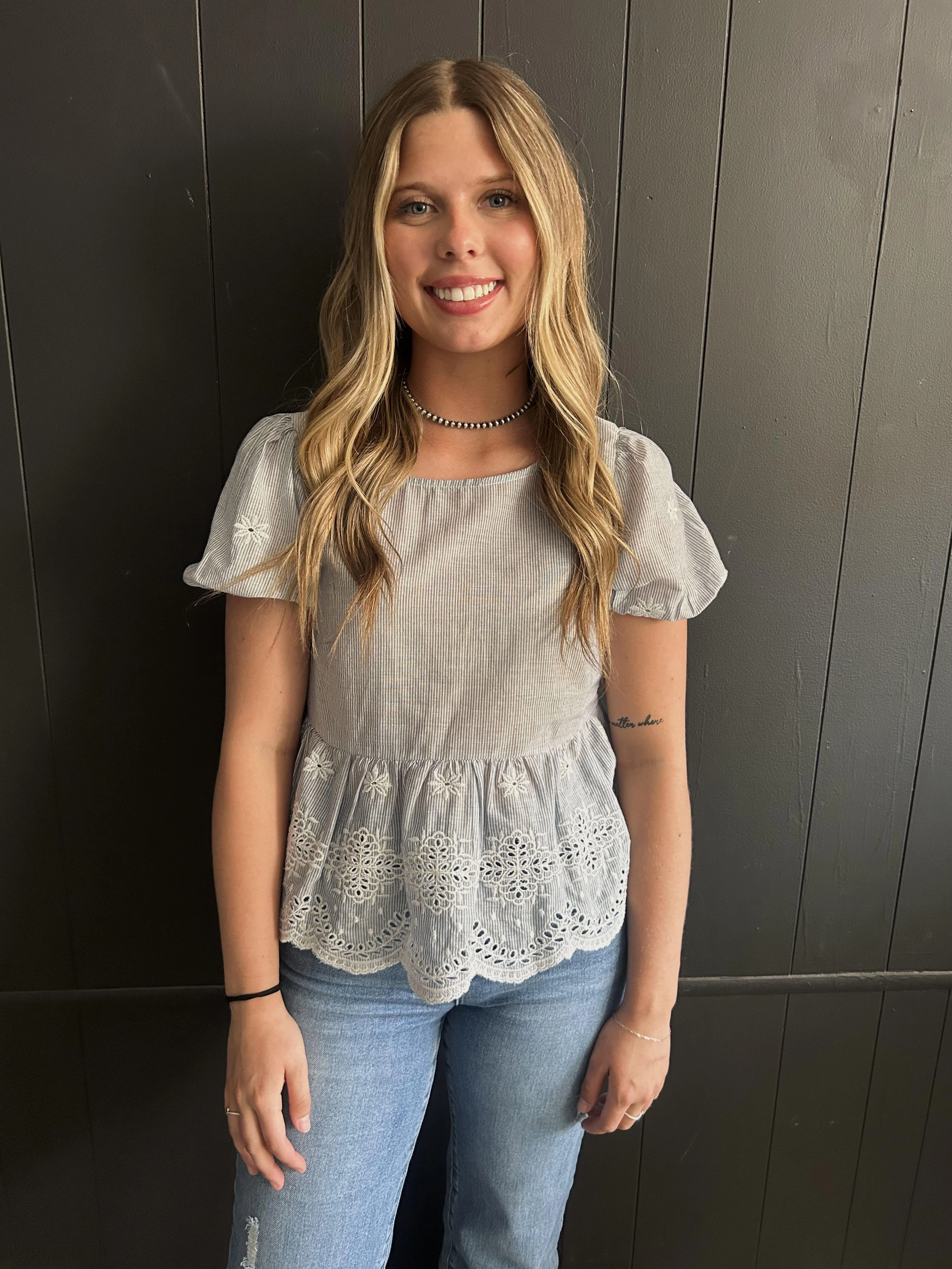 Blue & White Pin Stripe Floral Embroidered Top Button Down Collar Style