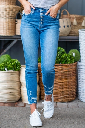 Blue Aura High Rise Exposed Button Fly Skinny Date Night Sunny Vibes