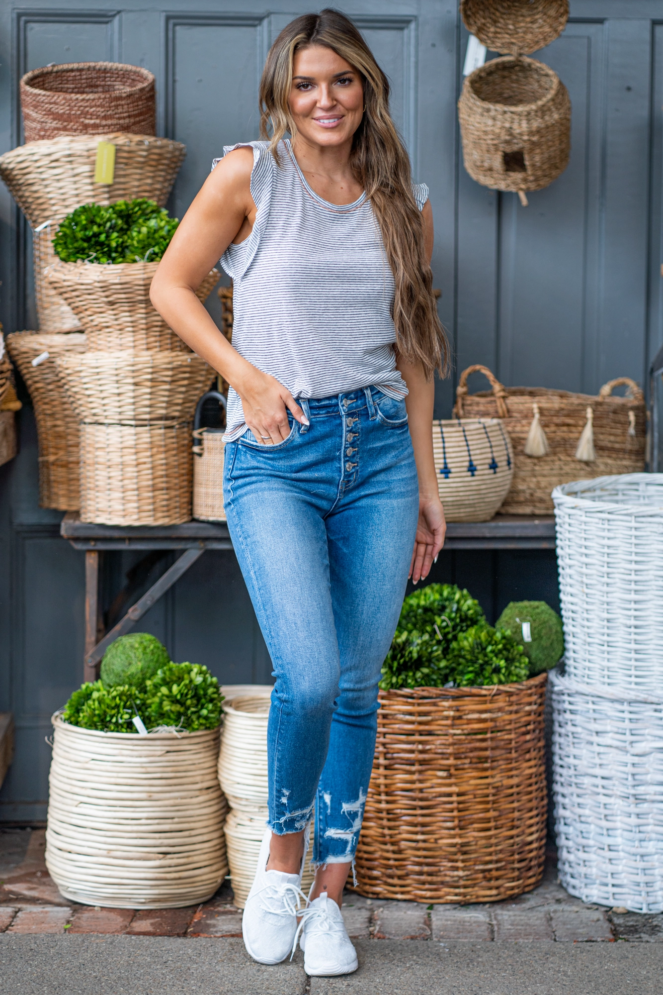 Blue Aura High Rise Exposed Button Fly Skinny Comfy Design Style Weekend Style Outdoor Adventure