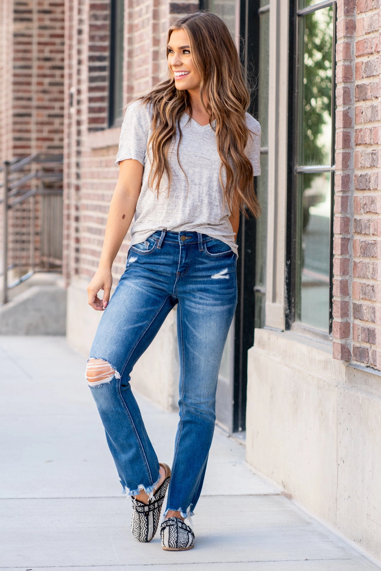 Classic Office Wear No Gap Waist Blue Shower Mid Rise Ankle Flare