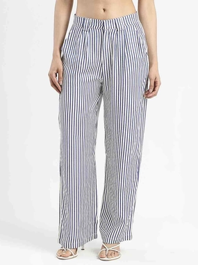 Madame Striped Wide Leg Viscose Blend Navy Blue Trousers Breathable Comfort Design