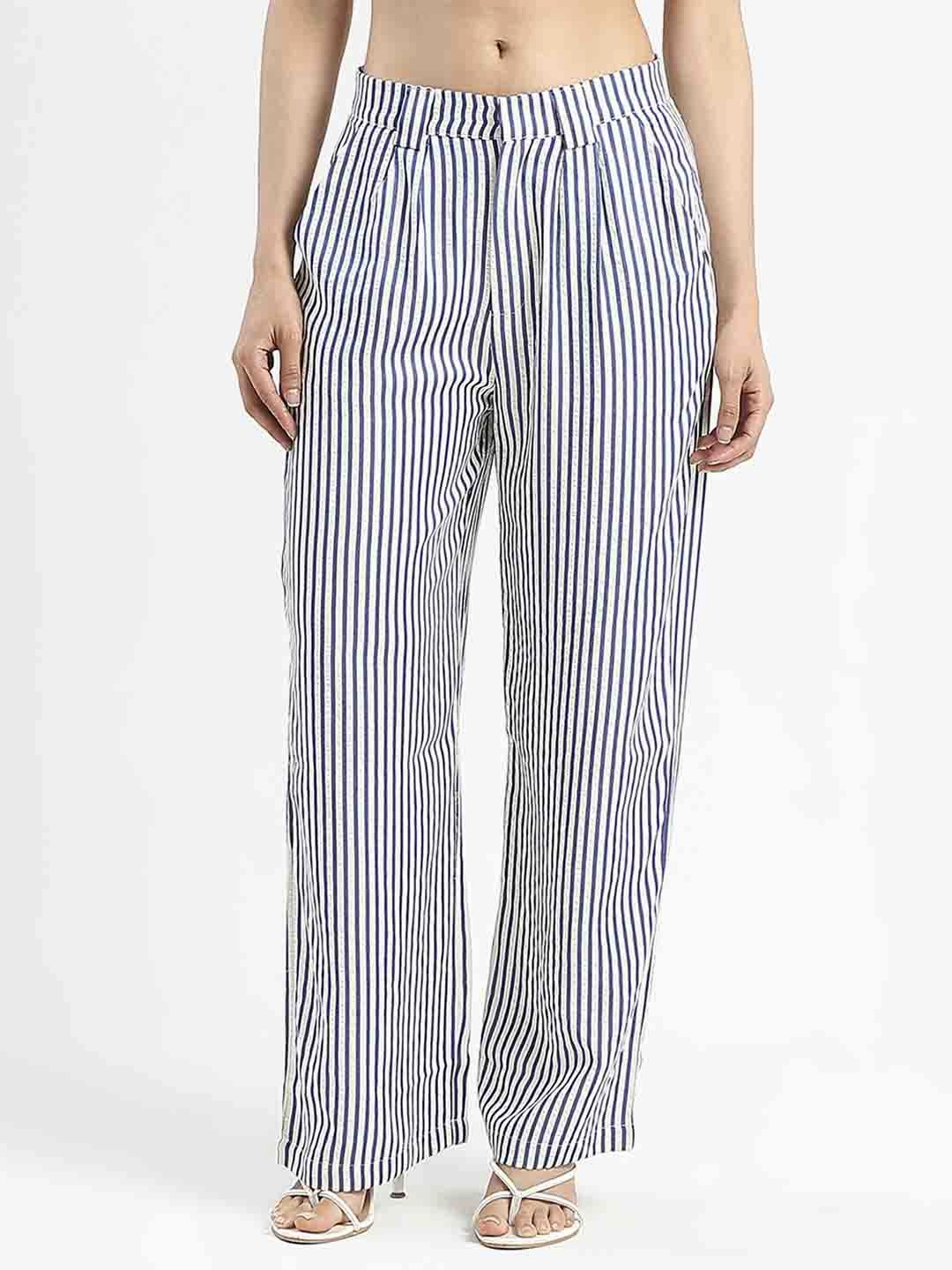Madame Striped Wide Leg Viscose Blend Navy Blue Trousers Breathable Comfort Design