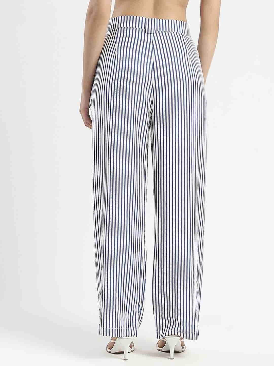 Madame Striped Wide Leg Viscose Blend Navy Blue Trousers Clean Finish Sporty Comfort Wear