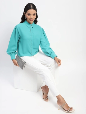 Madame Embellished Cuffed Sleeve Green Shirt Cooling Core Technology