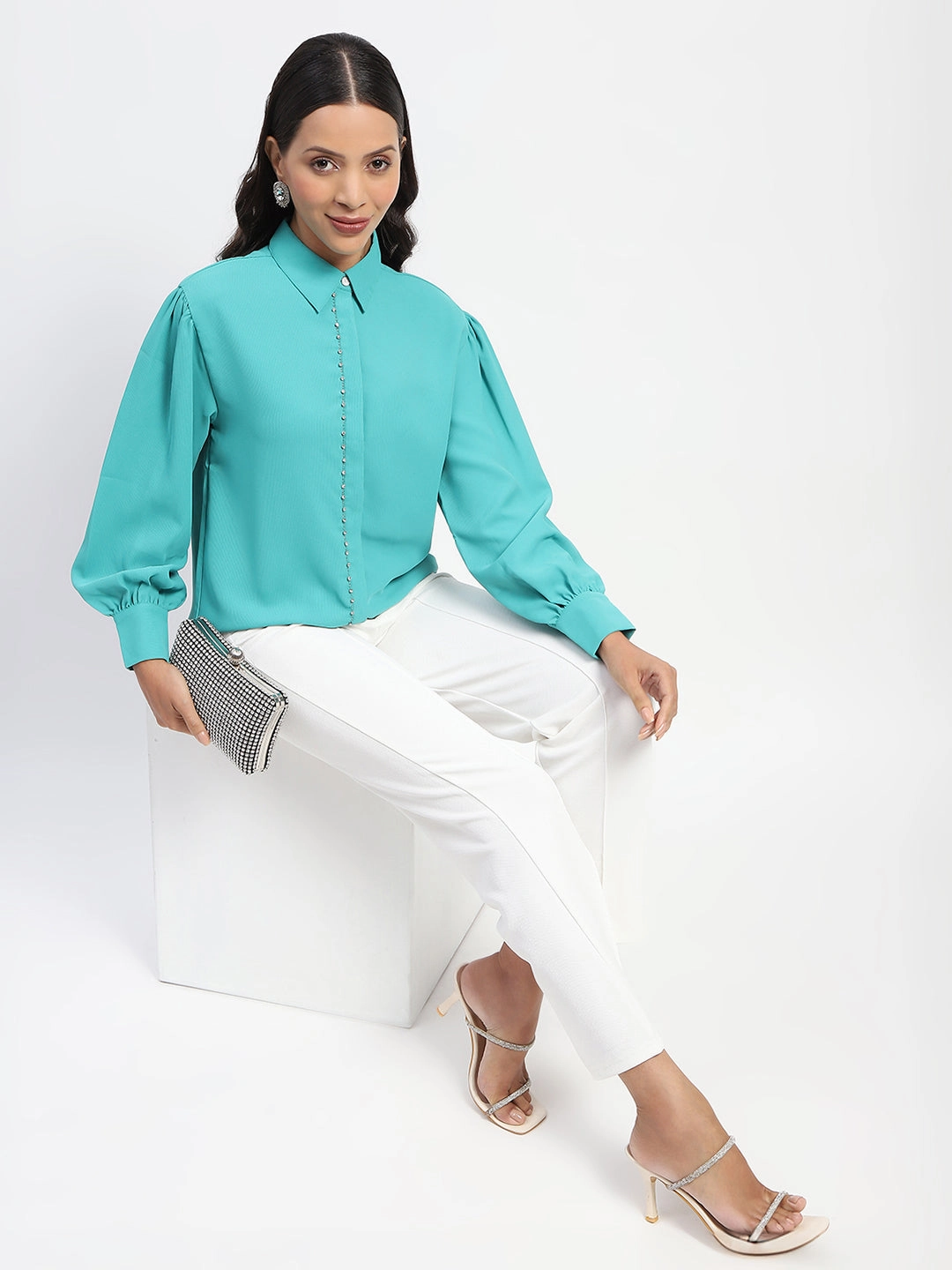 Madame Embellished Cuffed Sleeve Green Shirt Cooling Core Technology