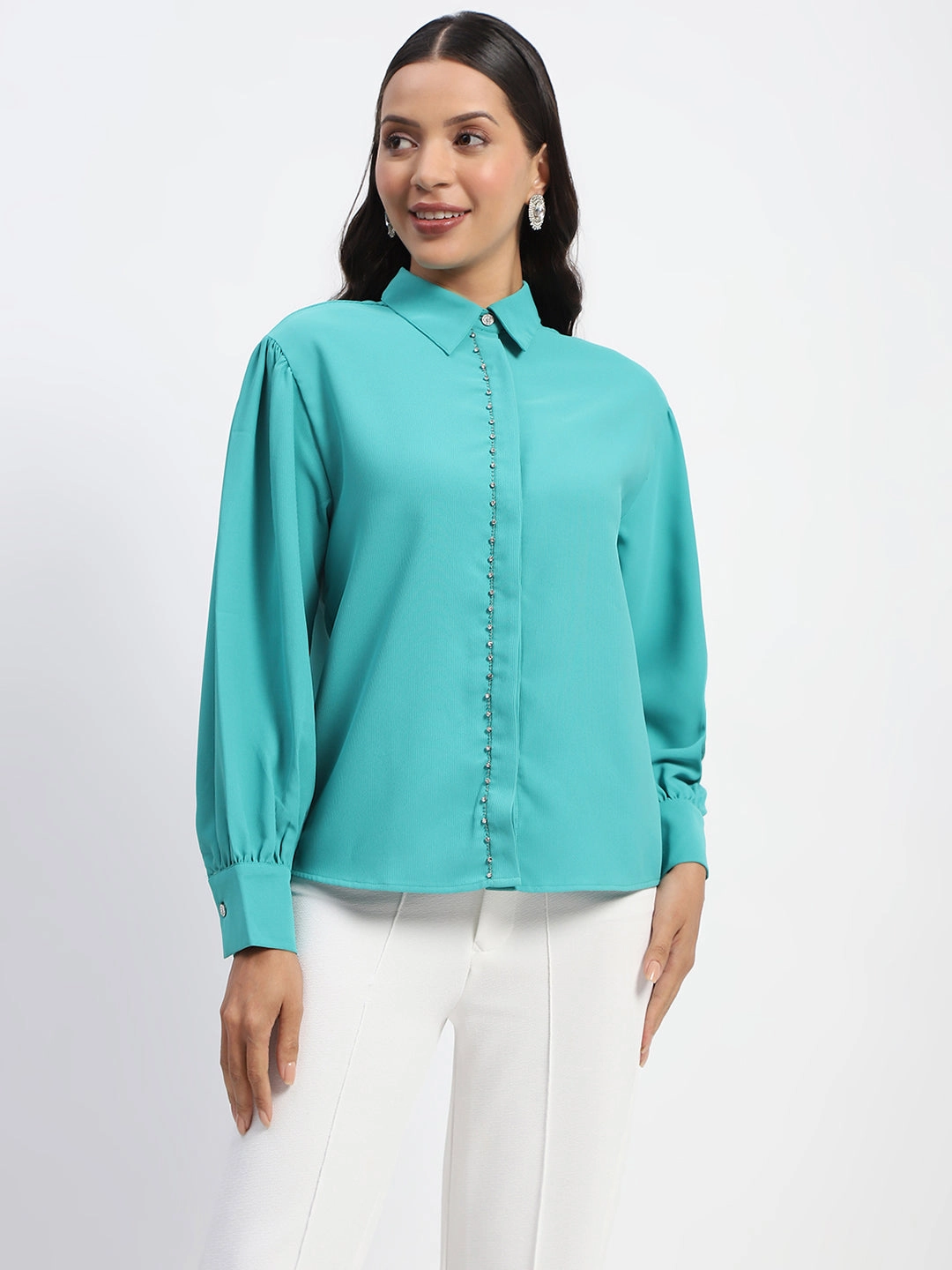 Madame Embellished Cuffed Sleeve Green Shirt Graduation Attire Tailored Fit