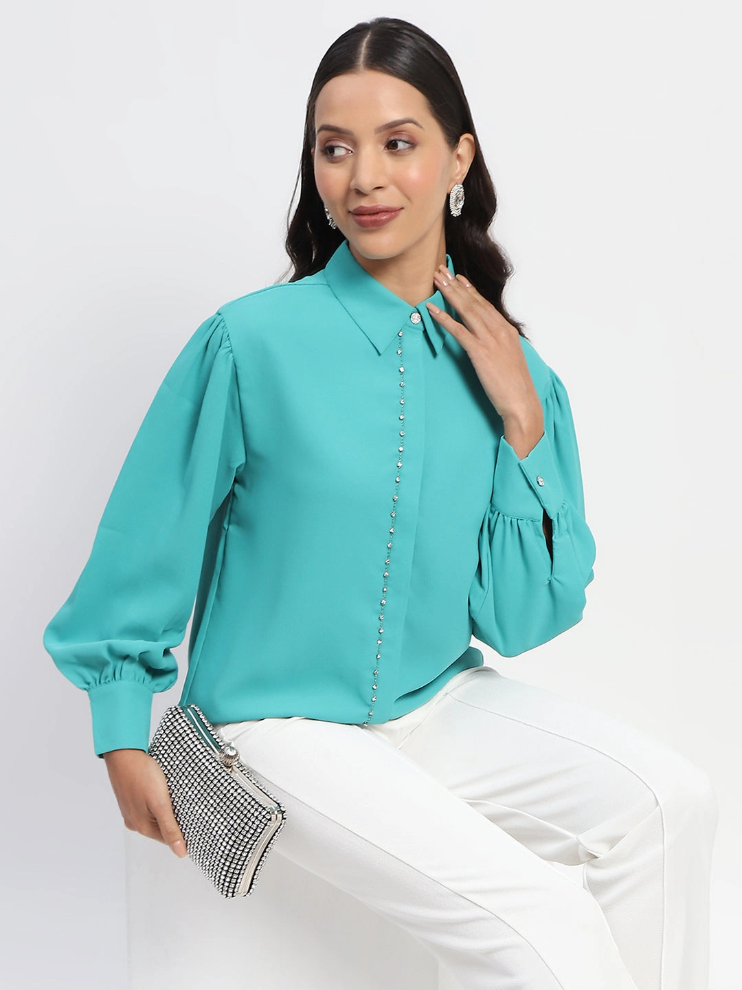 Madame Embellished Cuffed Sleeve Green Shirt Exclusive Collection Petite Cut