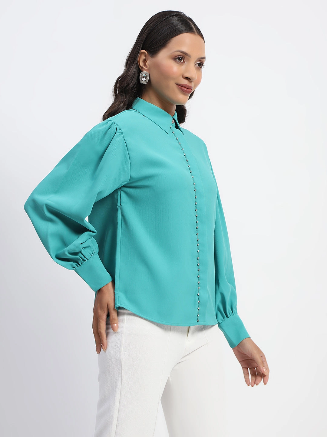 Easy Care Madame Embellished Cuffed Sleeve Green Shirt